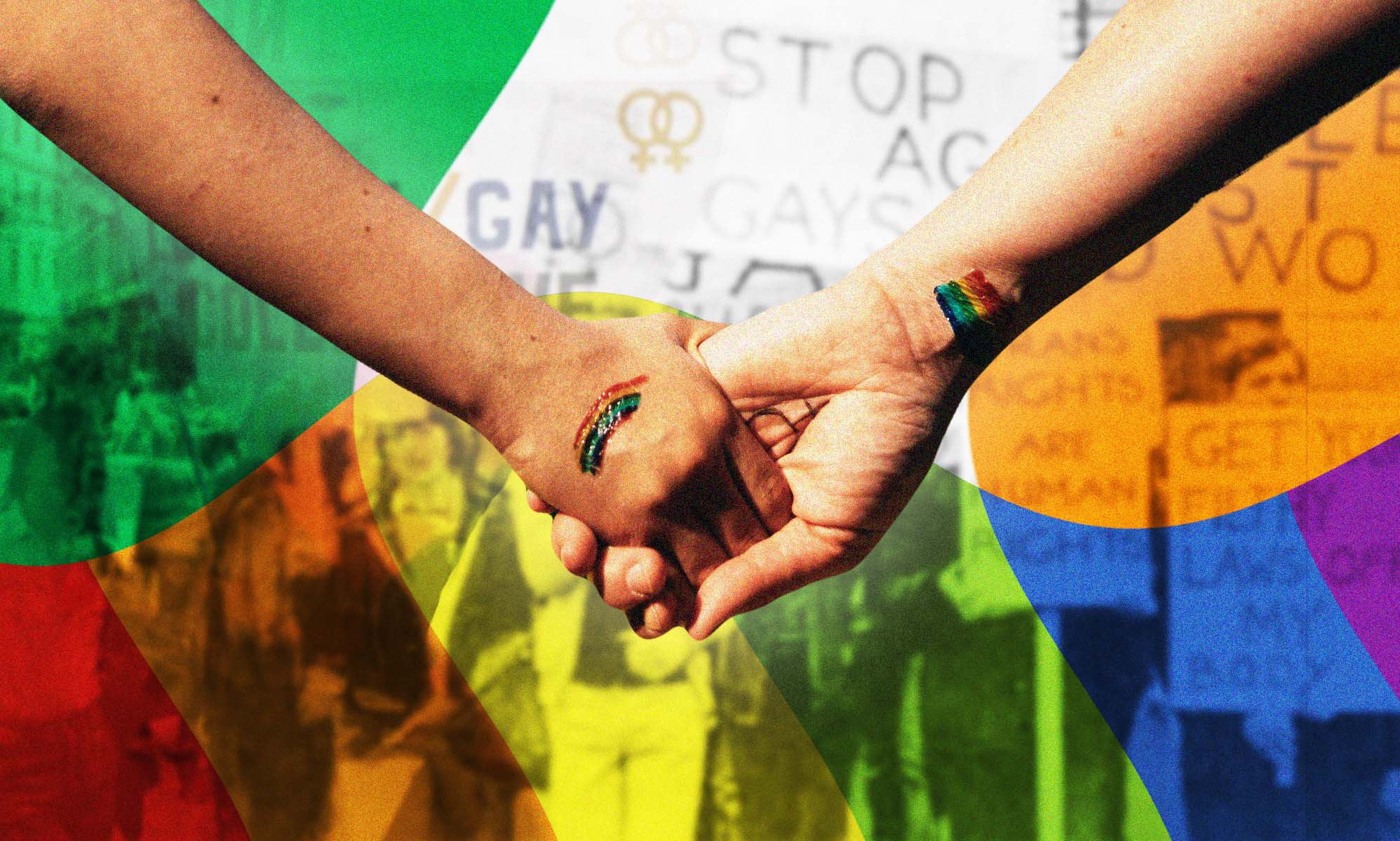 The graphic shows two people holding hands against a Pride and Irish flag coloured backdrop.