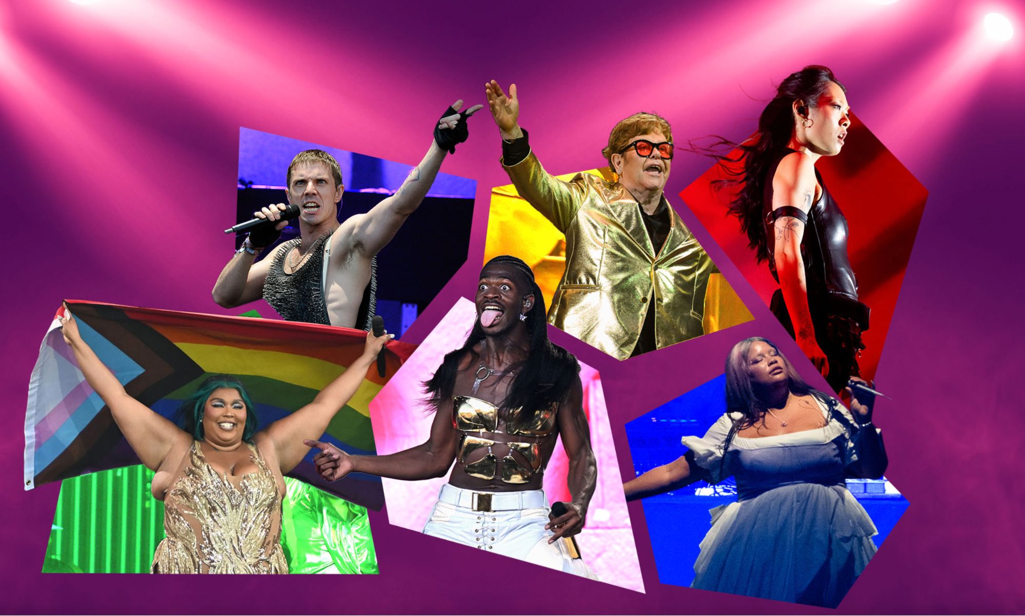 An image featuring several images of Glastonbury 2023 performers including Elton John and Lil Nas X.