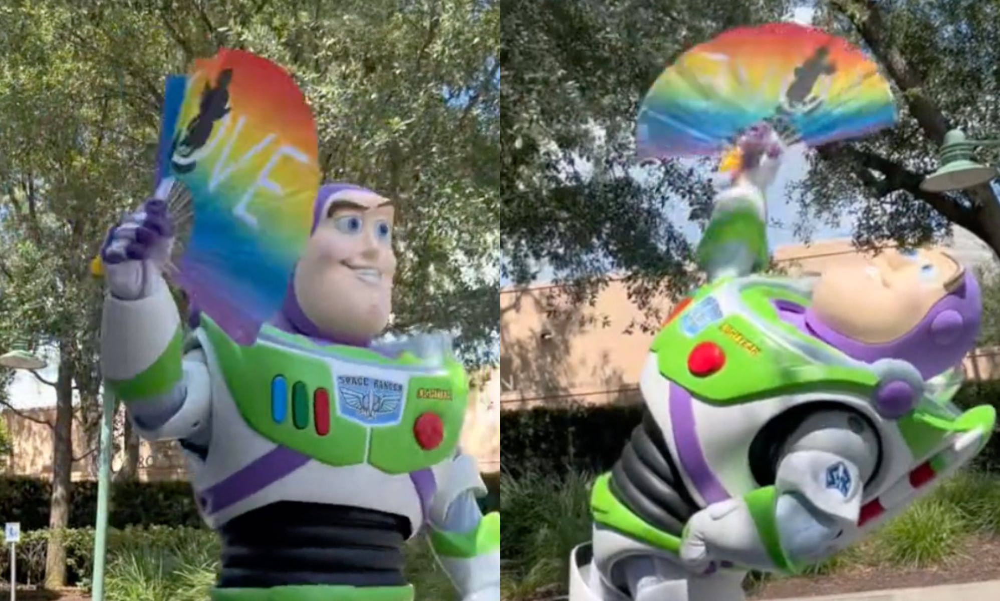 Stills from a viral TikTok video featuring Buzz Lightyear dancing with an LGBTQ+ rainbow Pride flag in a Disney parade