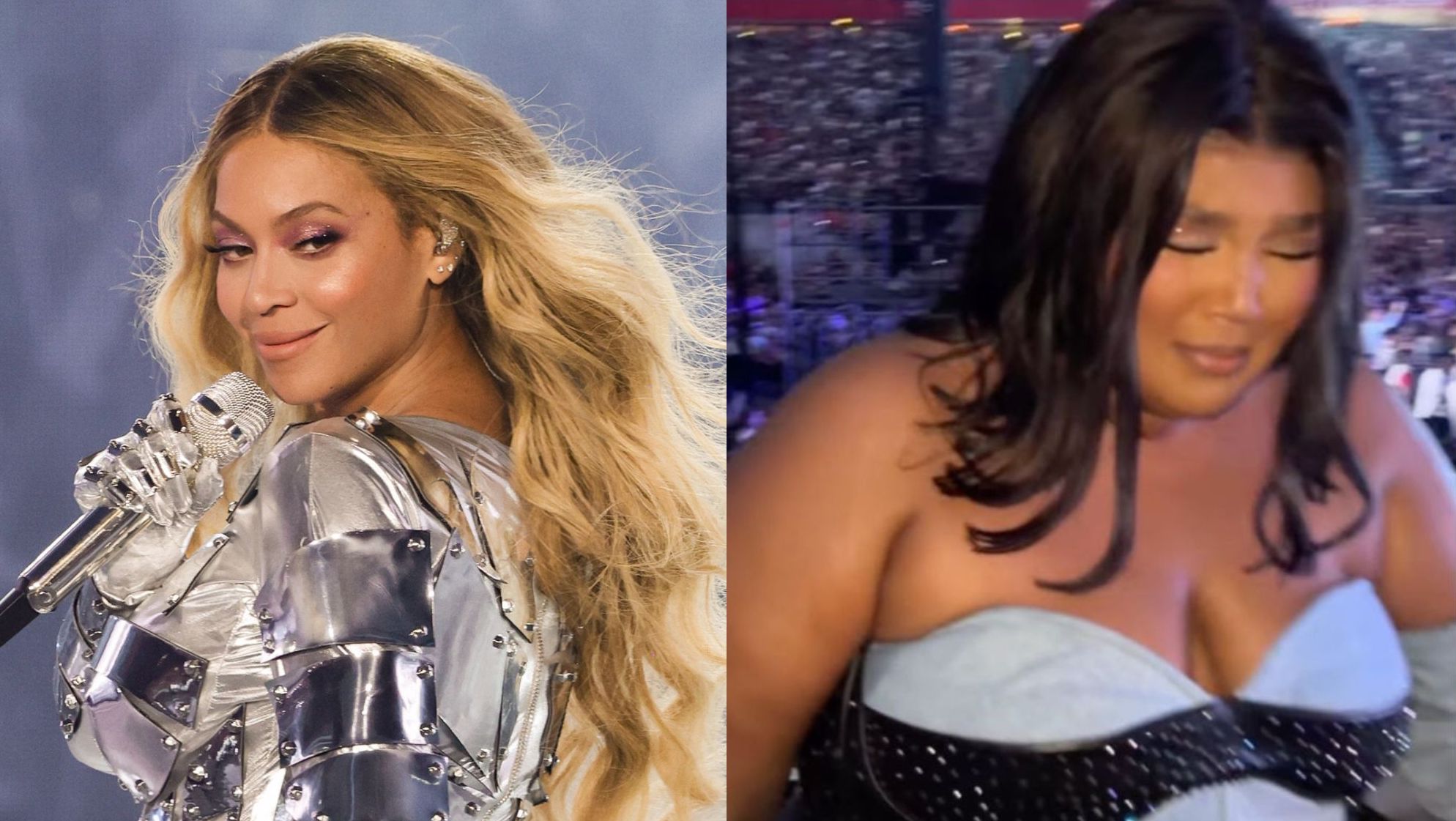 Beyoncé performs onstage during the “RENAISSANCE WORLD TOUR” at PGE Narodowy on June 27, 2023 in Warsaw, Poland (left) and Lizzo looking emotional as her name is called out