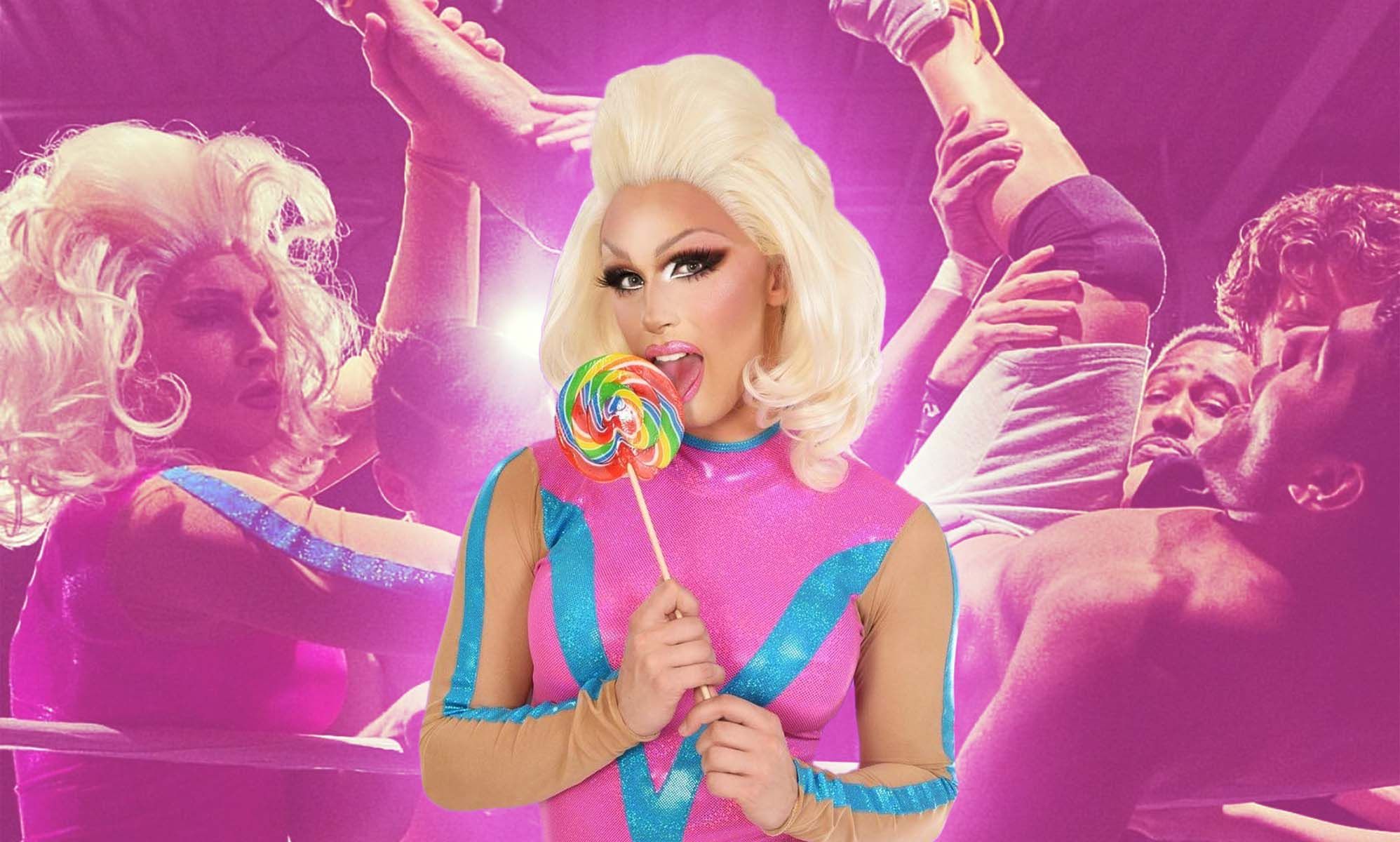 A graphic of drag wrestler Alice Starr wearing a pink and blue outfit as they lick a lollipop with an image of them wrestling in the background