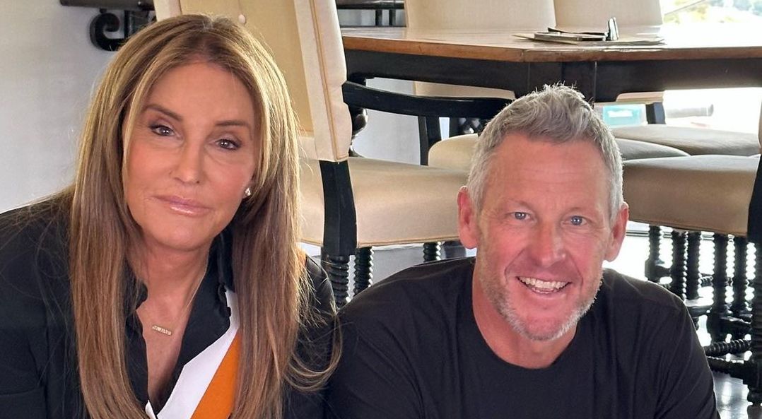 Caitlyn Jenner (left) and Lance Armstrong (right) sit next to each other as they prepare to launch a podcast on trans inclusion in sport