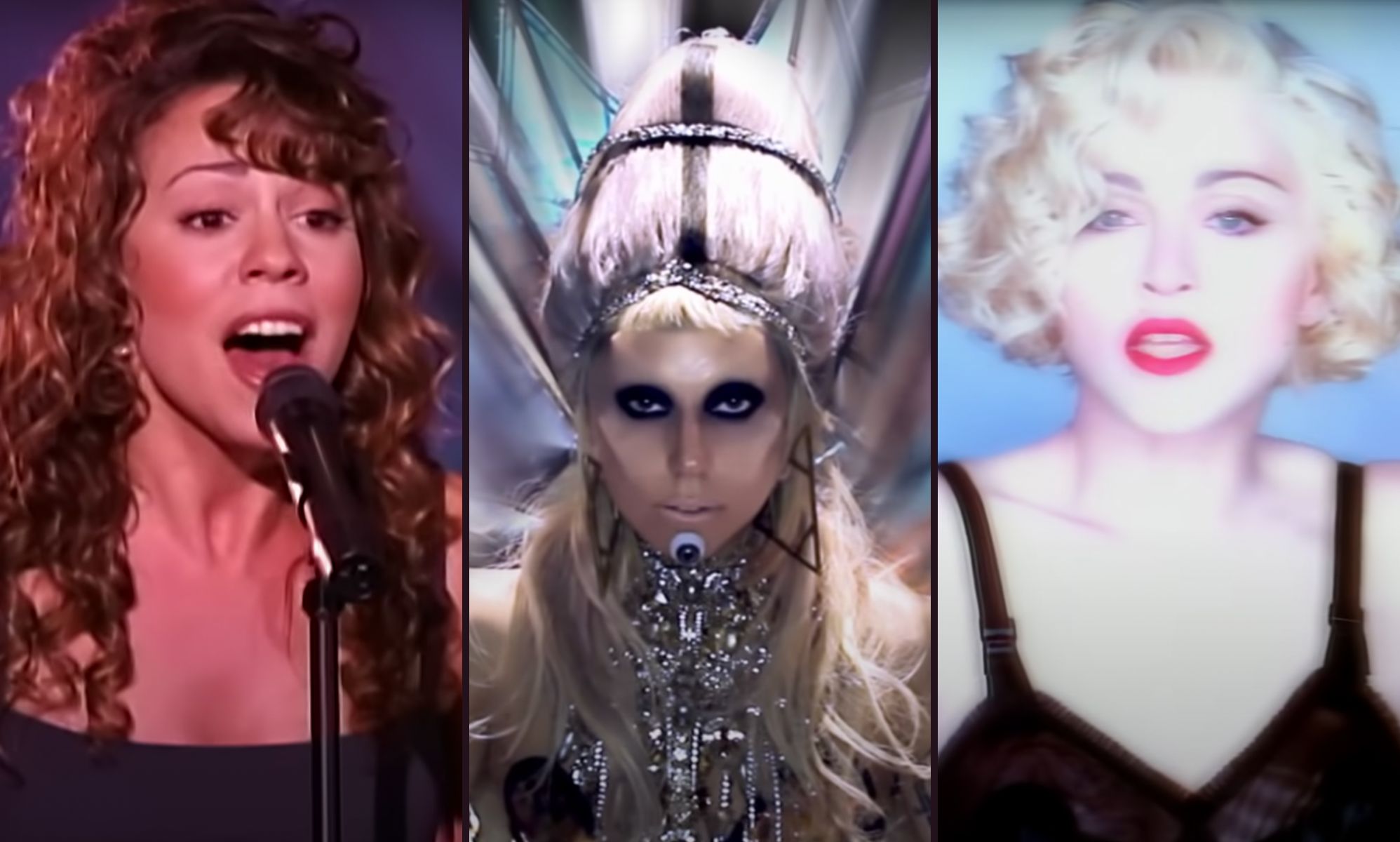 Stills from music videos by Mariah Carey, Lady Gaga and Madonna.