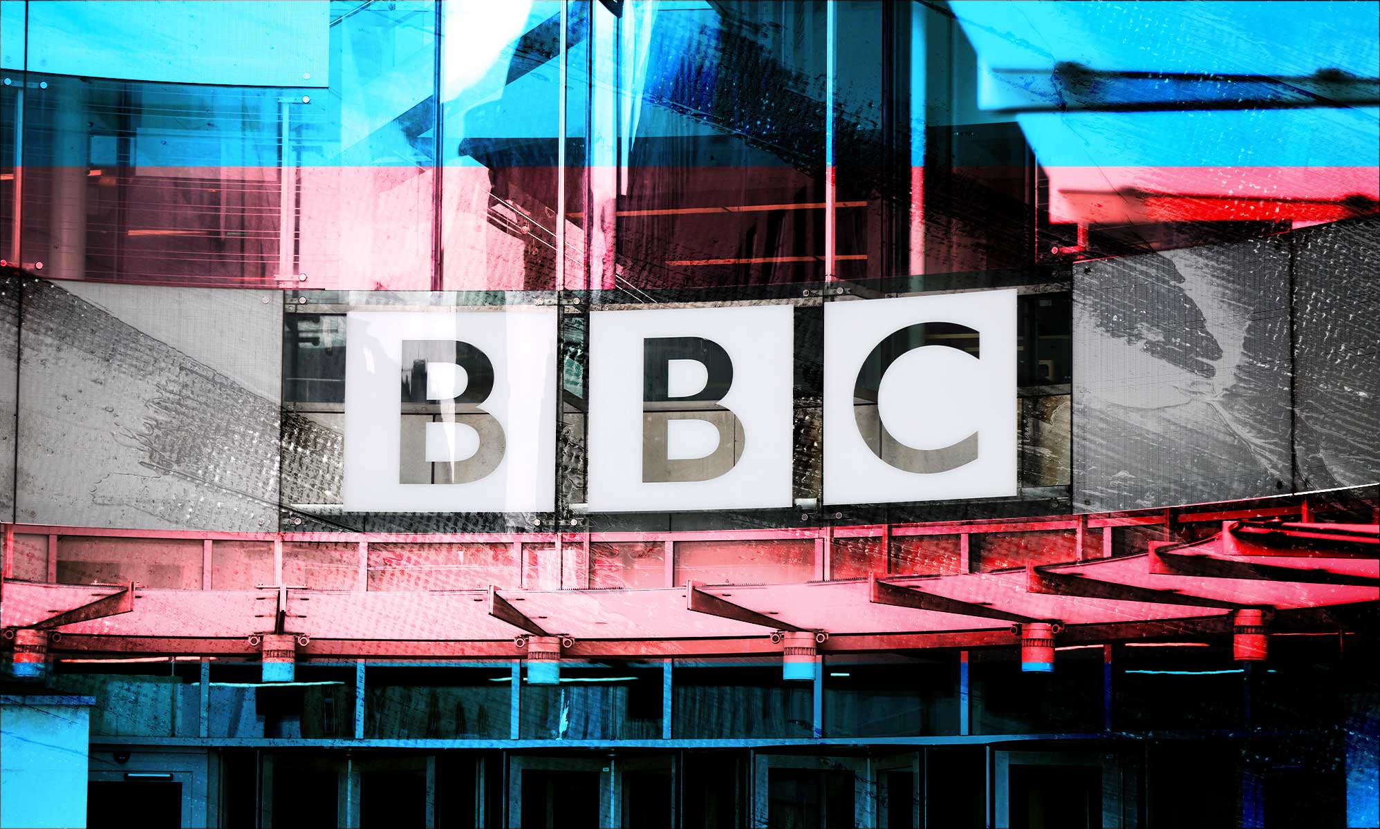 The BBC logo with the trans flag colours