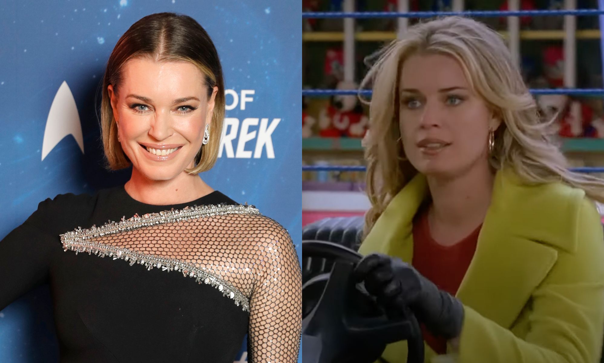 On the left, Rebecca Romijn in a black and silver dress. On the right, Rebecca Romijn as her Ugly Betty character Alexis Meade.