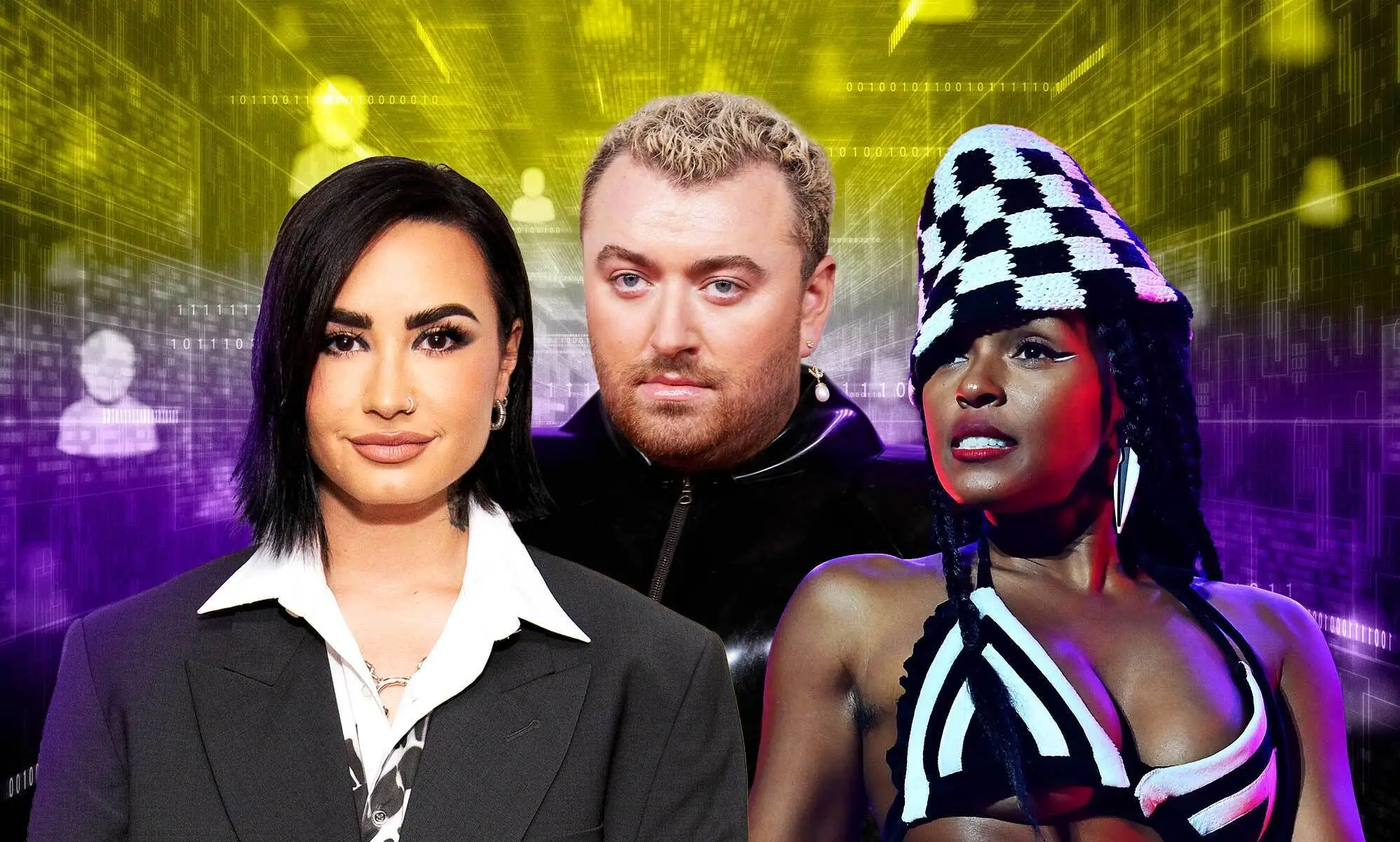 The image shows Demi Lovato, Sam Smith and Janelle Monae pictured against a backdrop set in the non-binary flag colours.