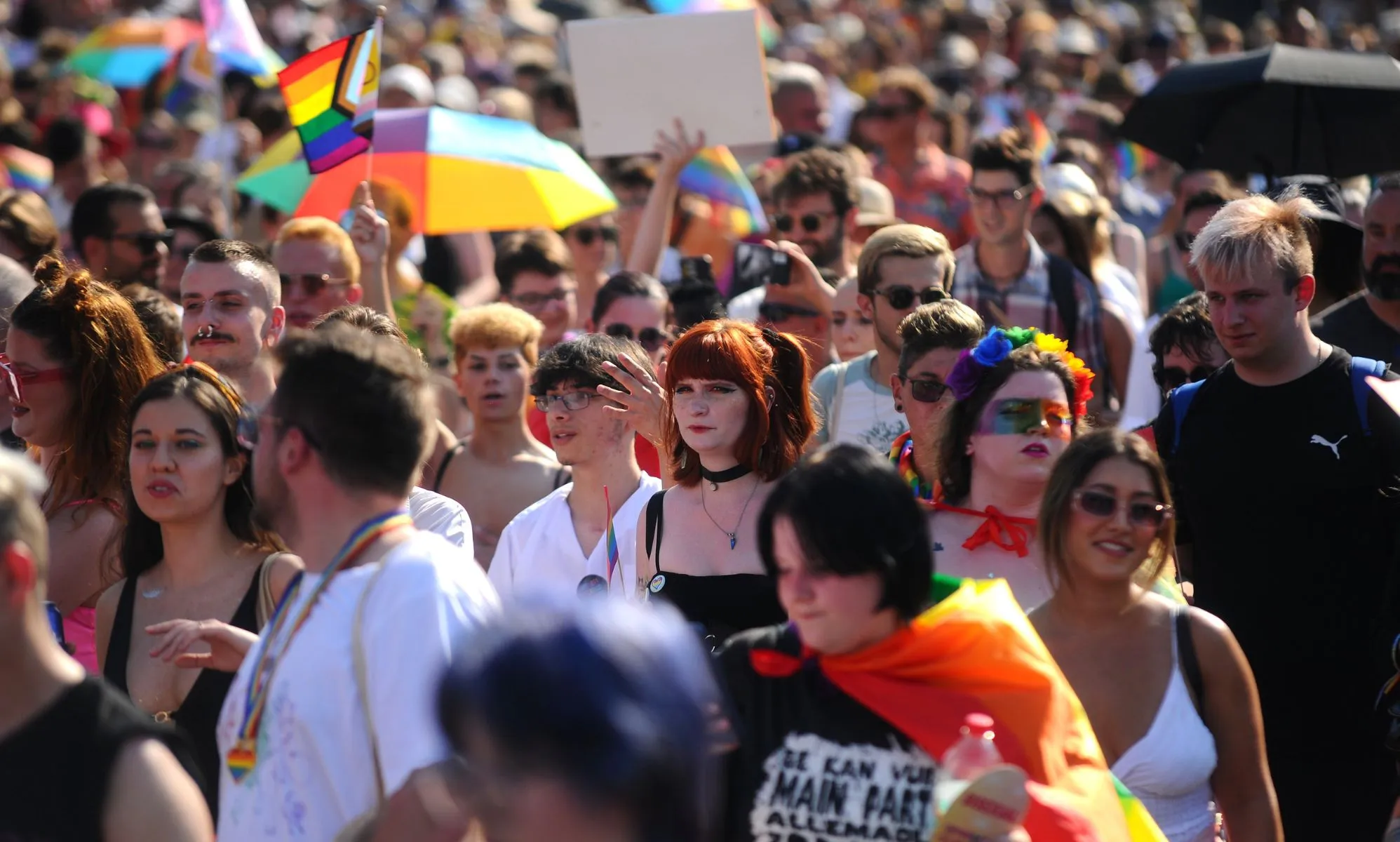 Crowds of LGBTQ+ activists march across Budapest.