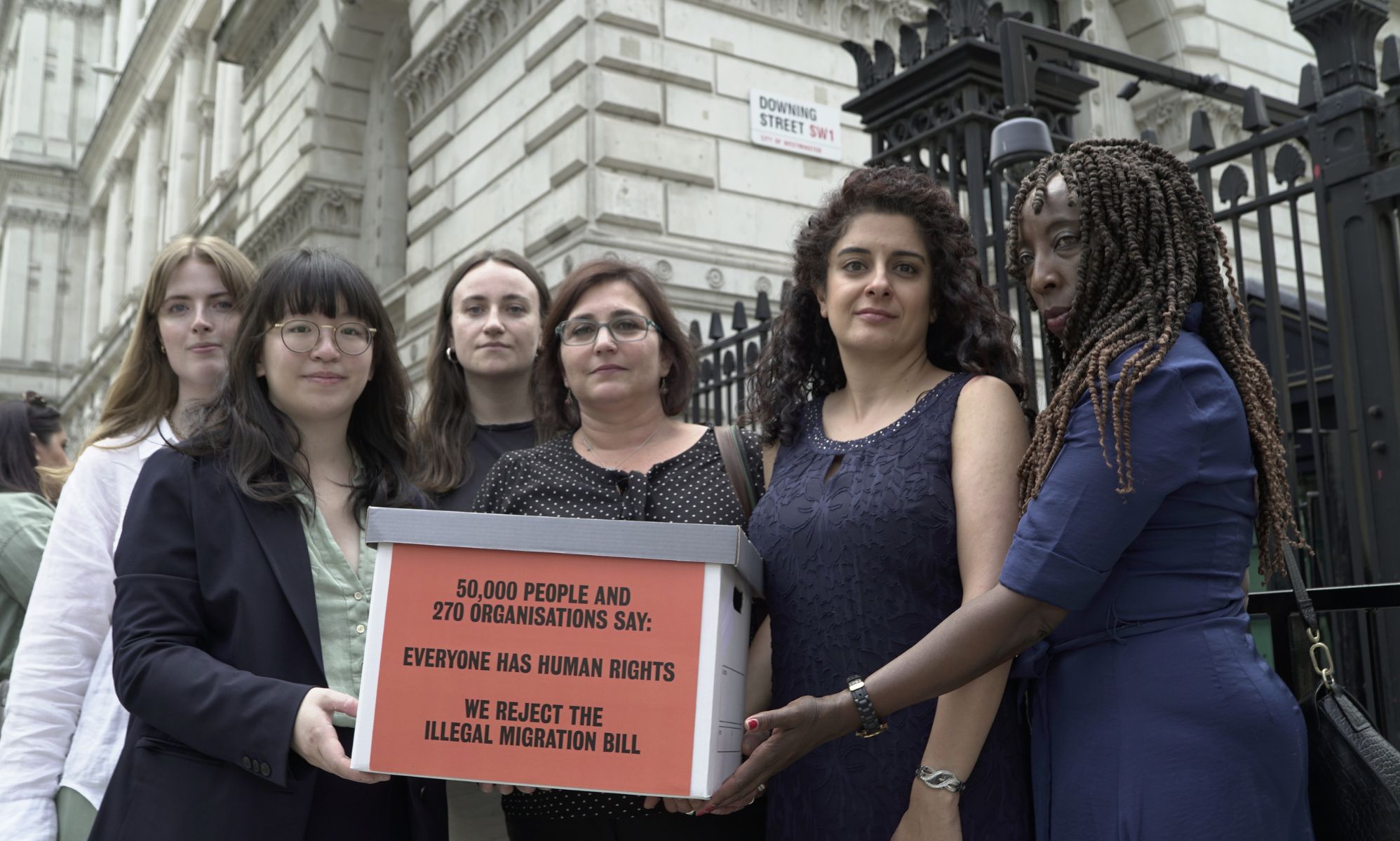 Leila Zadeh, second from the right, pictured with other activists delivering their petition on the Illegal Migration Bill to Downing Street.