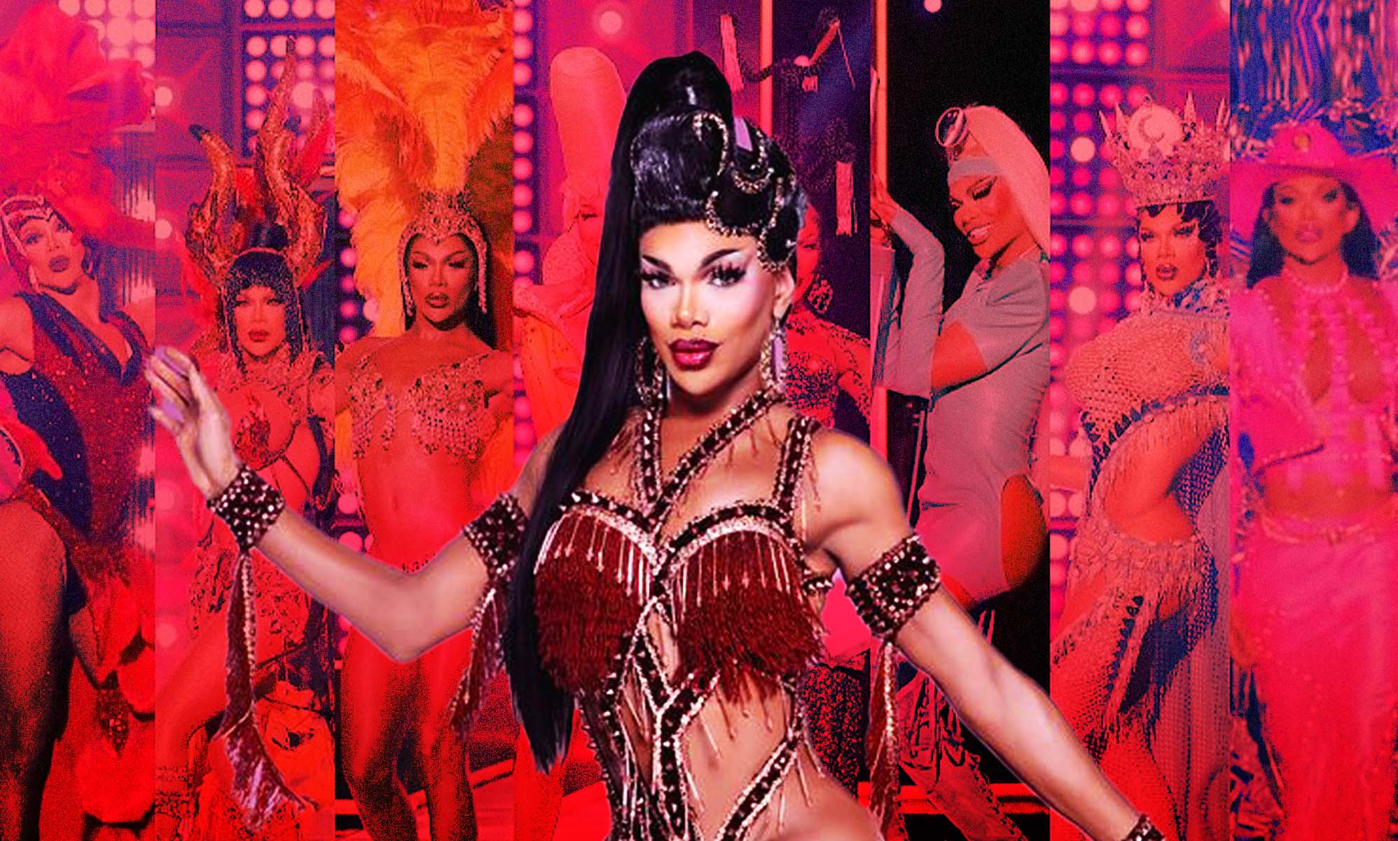 All Stars 8 contestant Kahanna Montrese against a red montage of all her All Stars 8 looks.