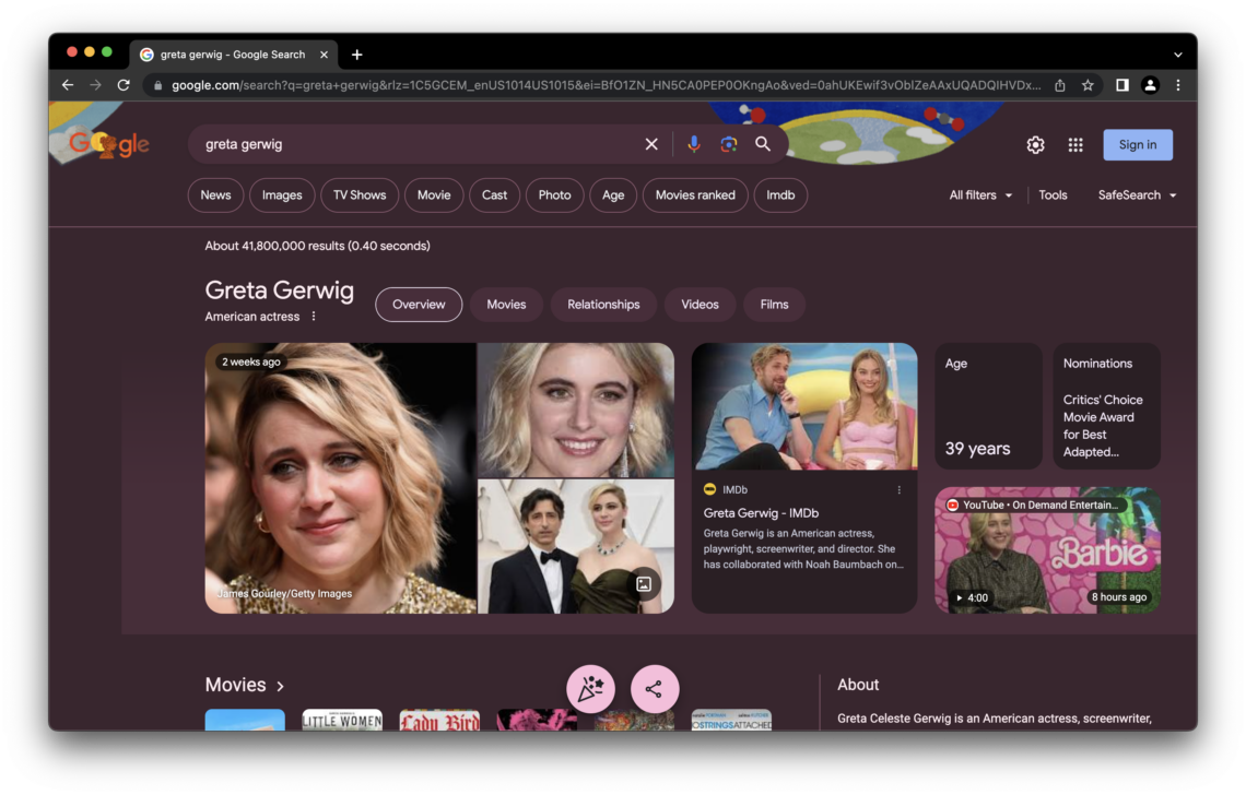 El resultado de búsqueda de Google para Greta Gerwig presenta una superposición rosa y enlaces antes del estreno de Barbie the Movie