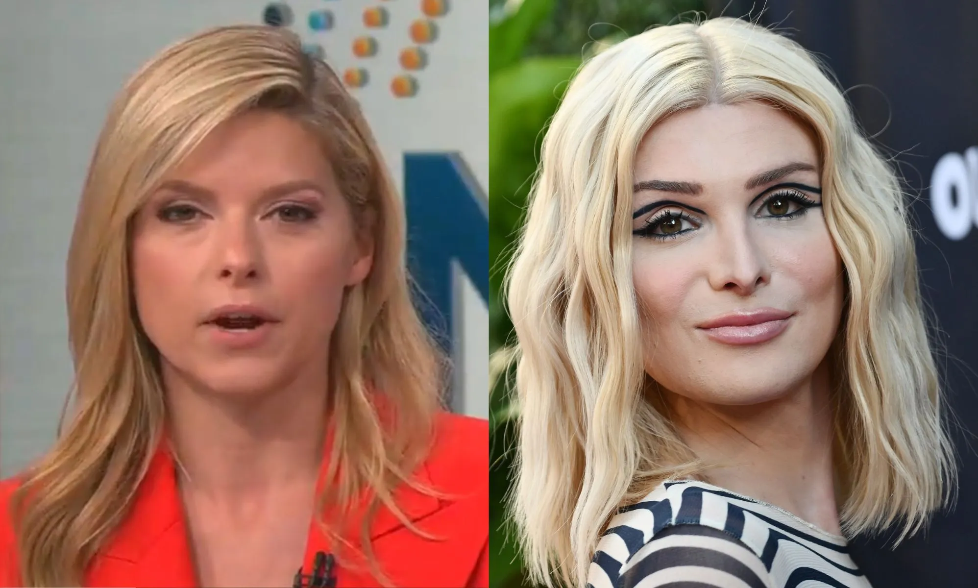 An edited image showing CNN News Central host, Kate Bolduan in a red suit and Dylan Mulvaney, with blonde hair, turning right to face a camera.