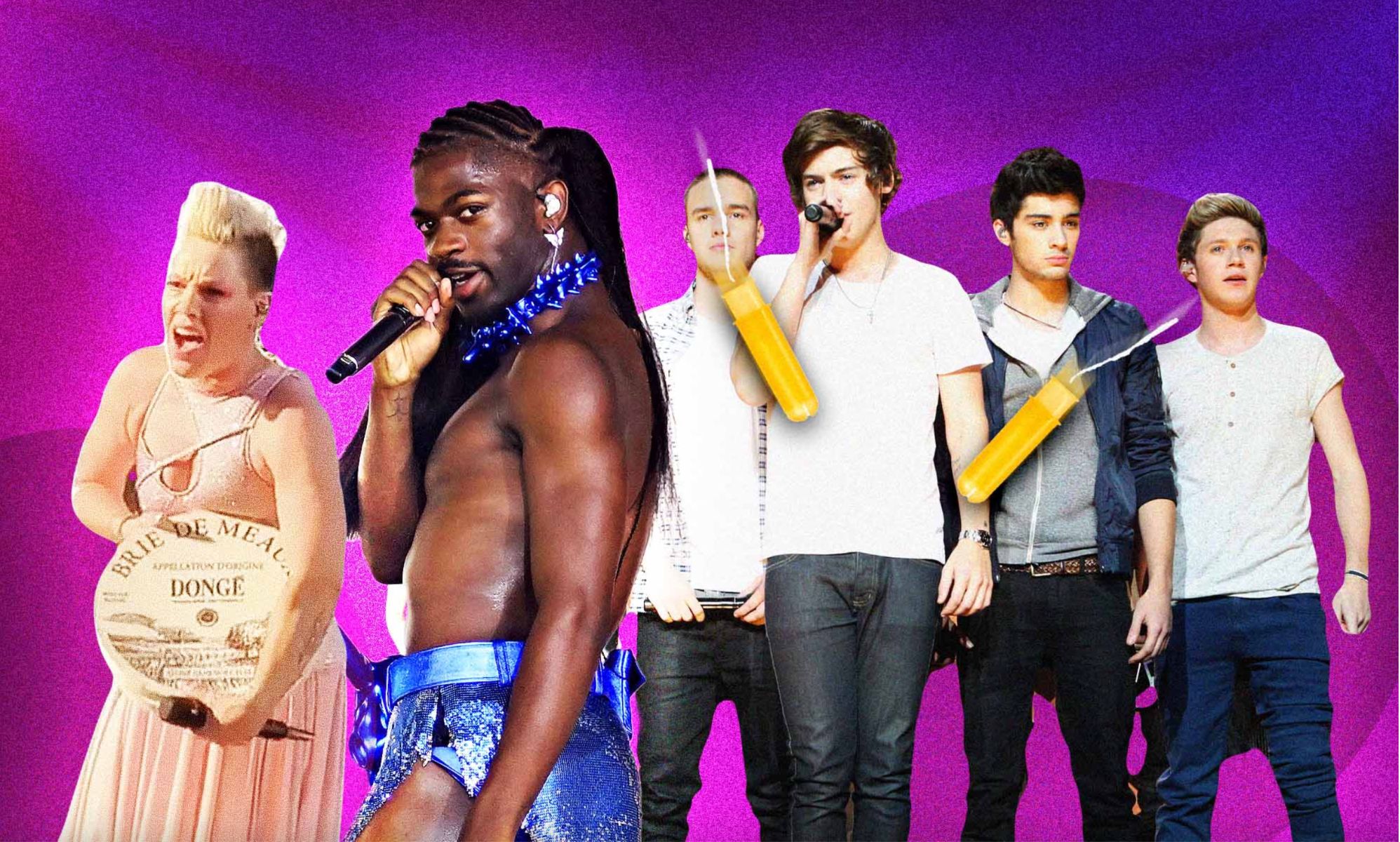 An image composite featuring Pink, Lil Nas X and One Direction.