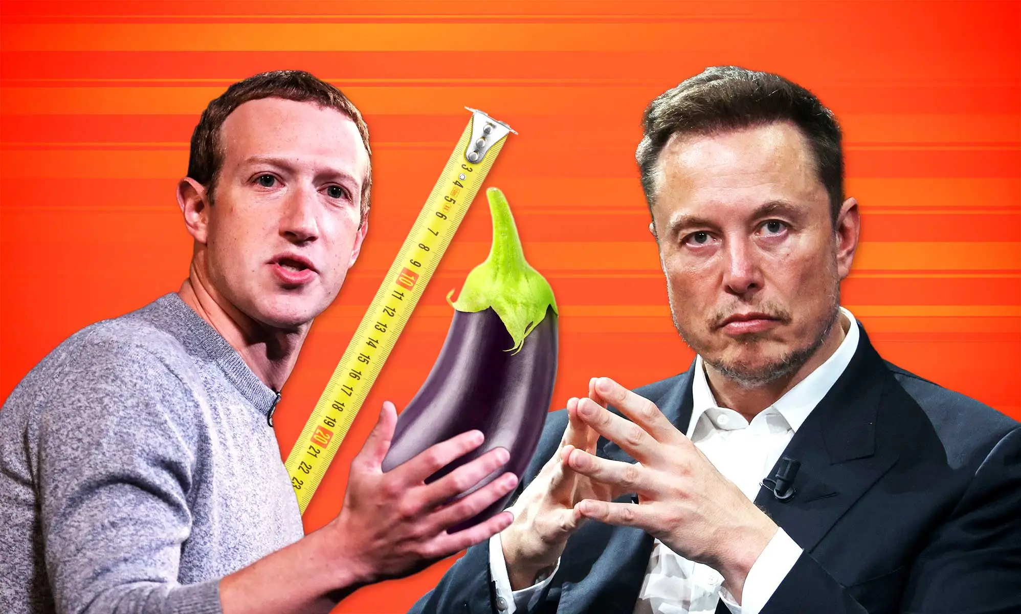 Composite image of Mark Zuckerberg (left) and Elon Musk next to a tape measure and an aubergine