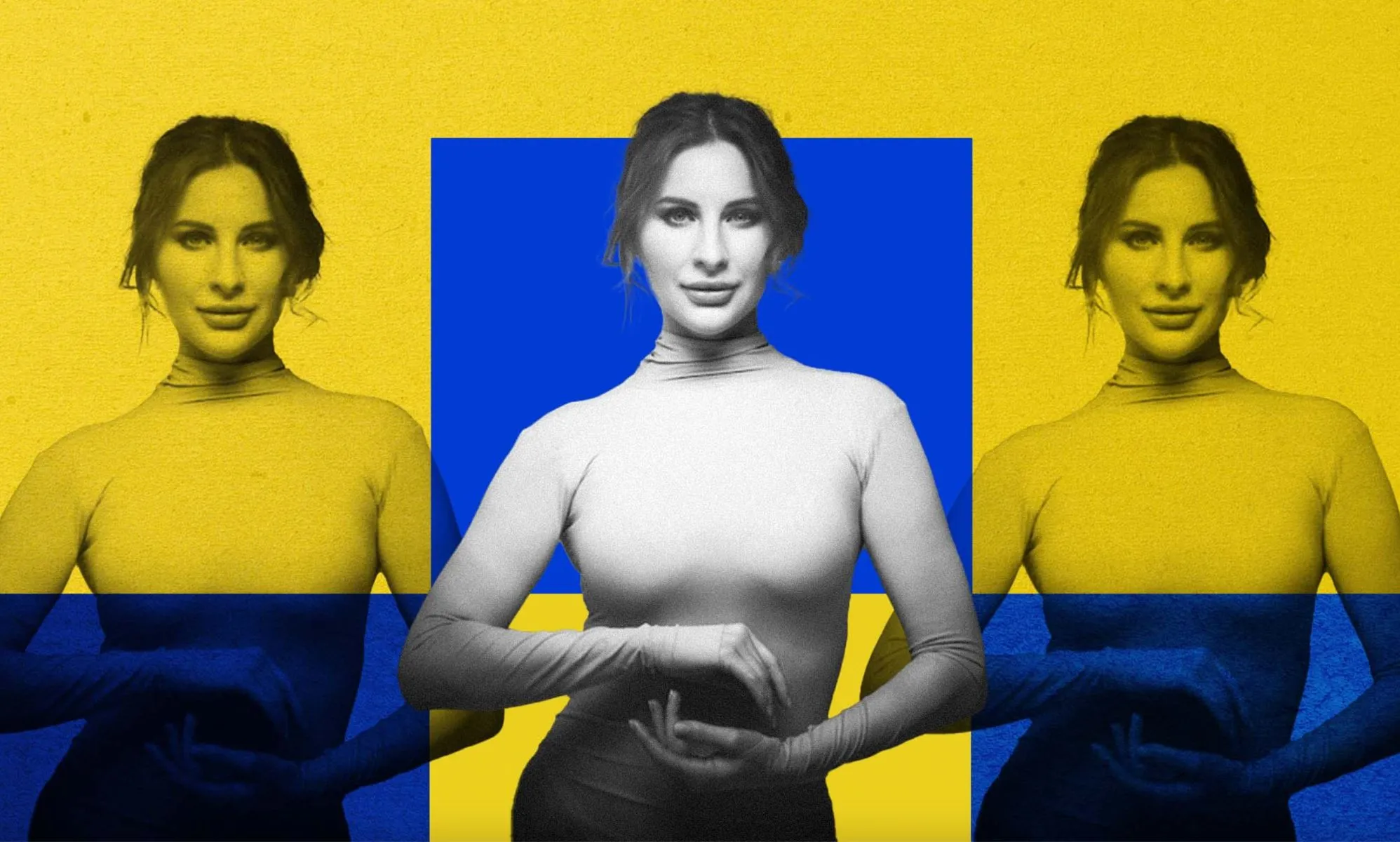 Natisa Gogol in a beige turtleneck stood against a blue and yellow background.