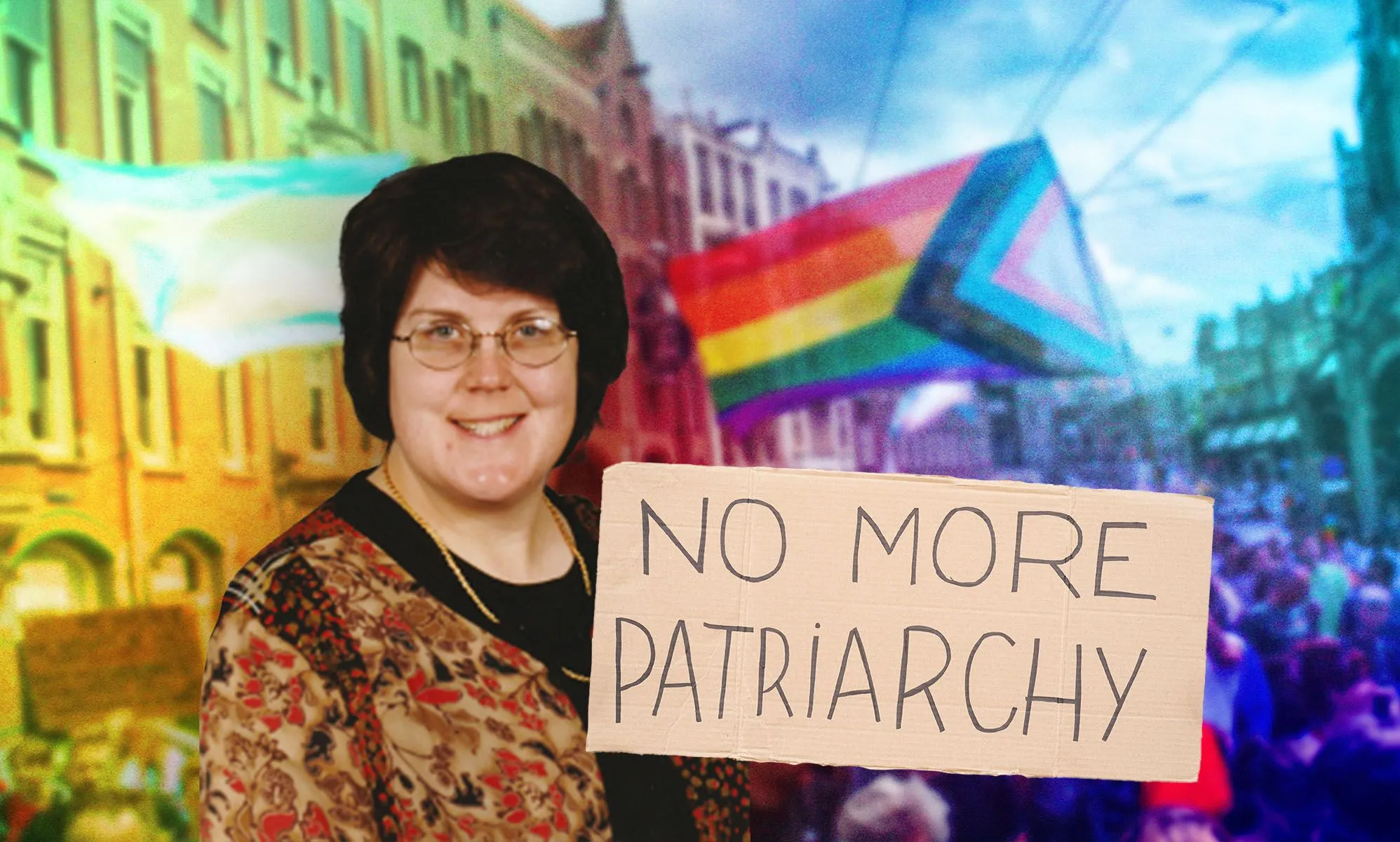 A graphic composed of an image of Stephanie Suesan Smith, a lesbian who is also part of the disabled community, LGBTQ+ flags and a sign that reads
