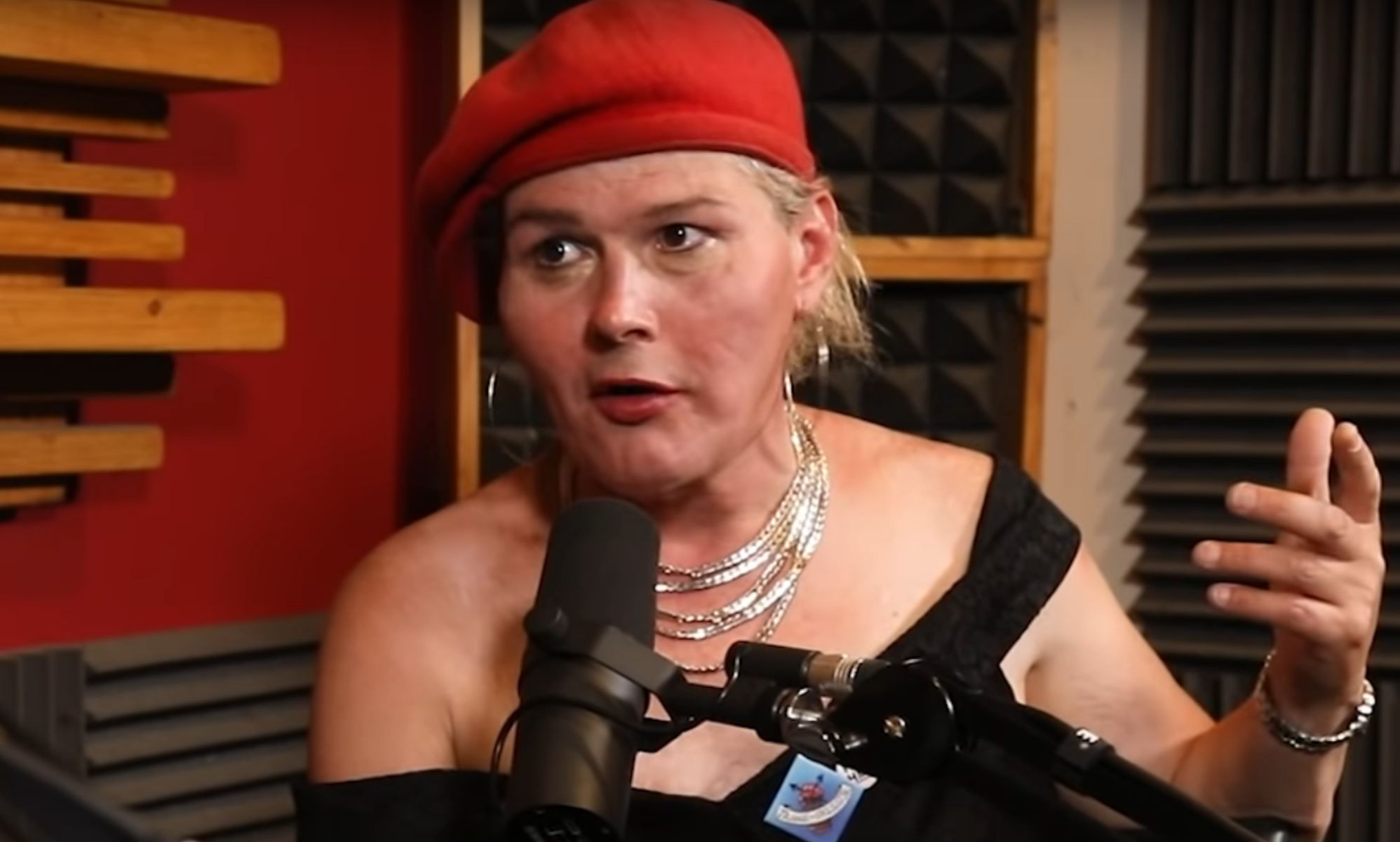 Sarah Jane Baker during an interview in a room filled with sound foam.