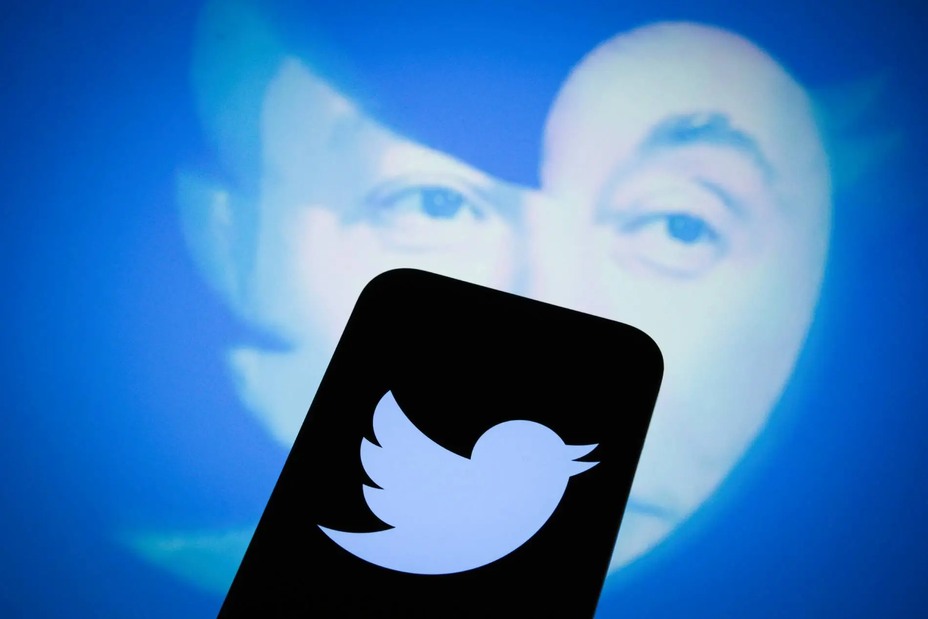 An effigy of Elon Musk is seen with a Twitter logo on a mobile device in this photo illustration.