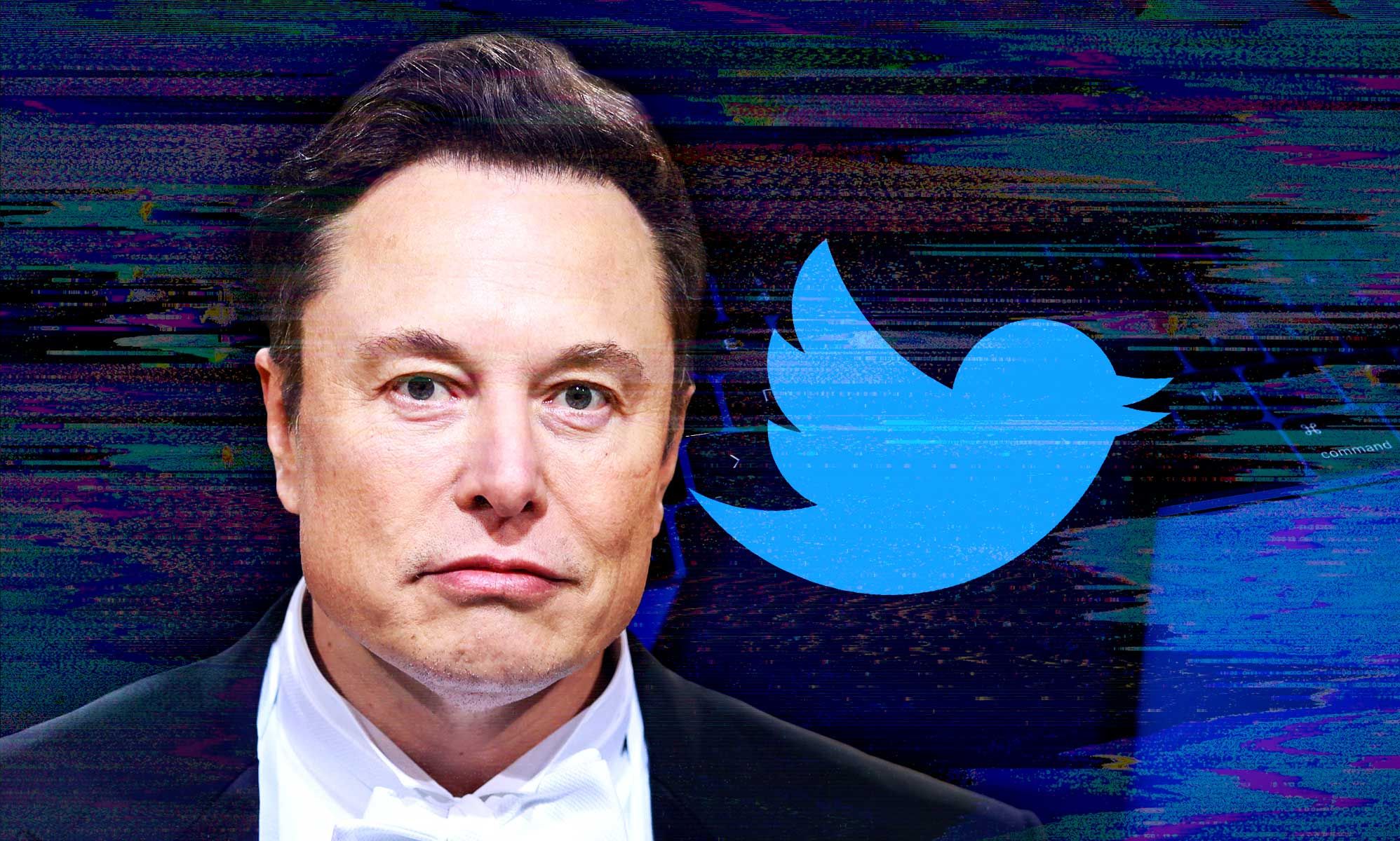 Elon Musk with his hand on his face next to the Twitter bird logo