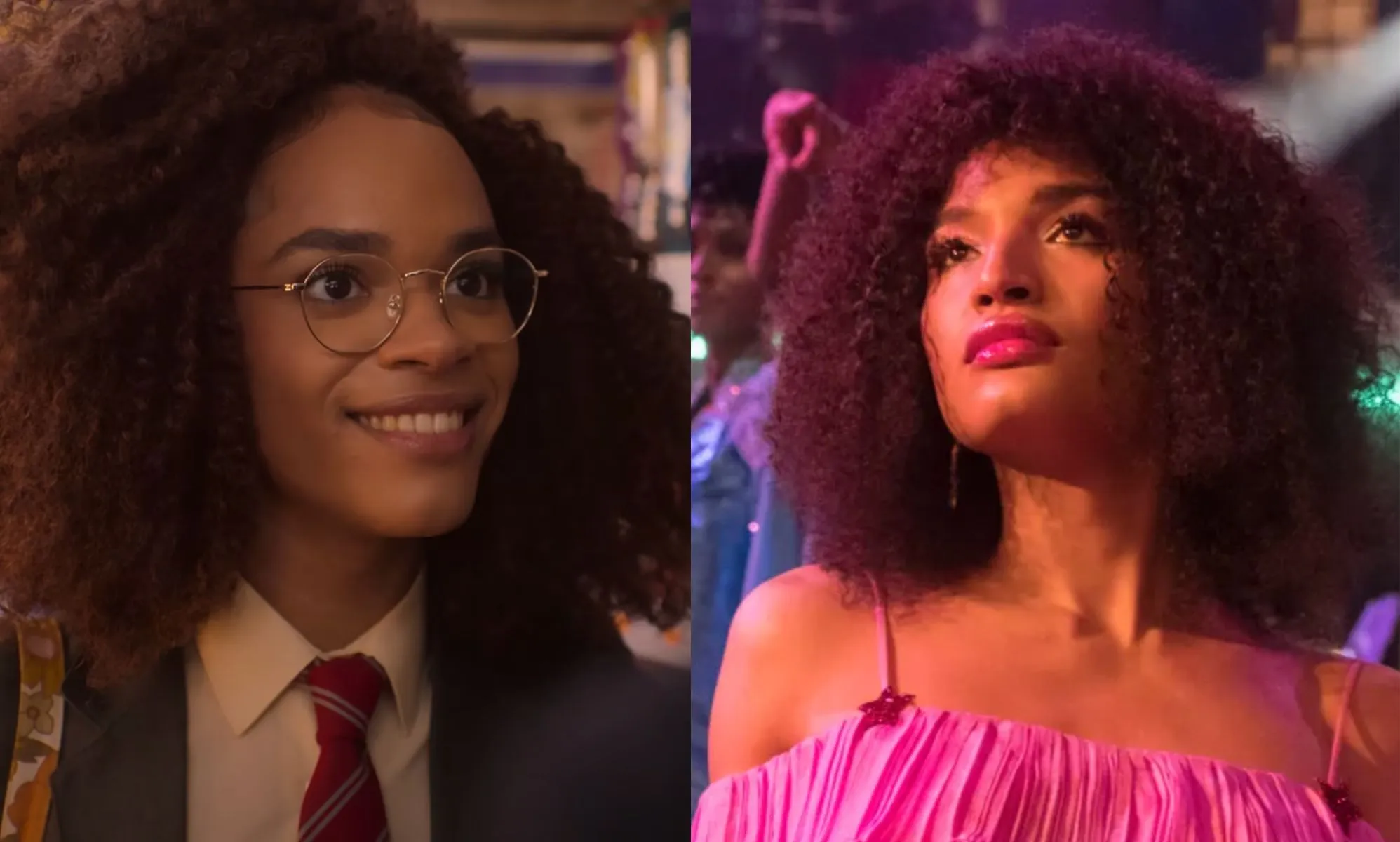 Stills from the Heartstopper season two trailer featuring Yasmin Finney. On the right, an image of indya Moore as Angel Evangelista in Pose.