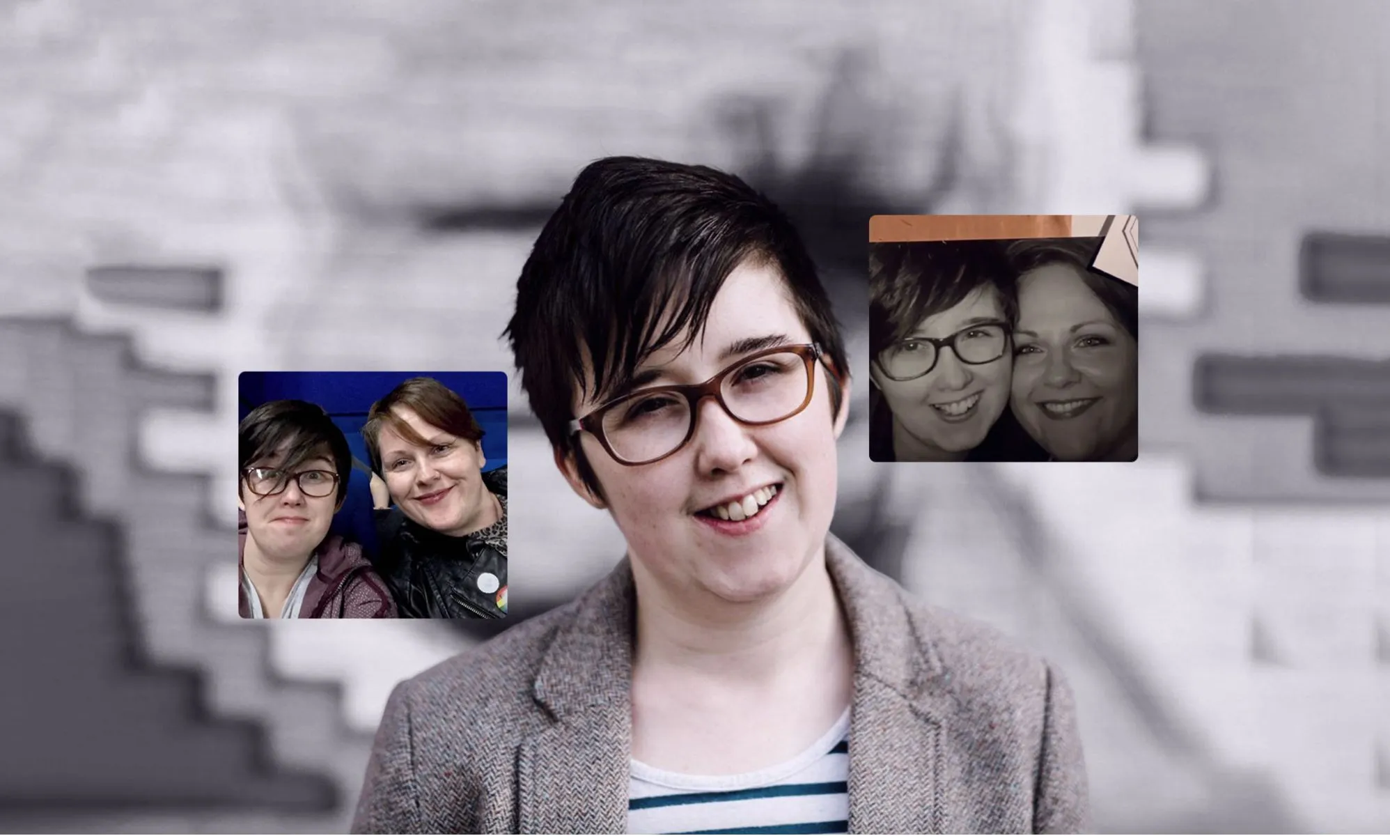 Lyra Mckee on the left, Lyra McKee (centre) and photos of Lyra and her partner Sara Canning on the left and right.