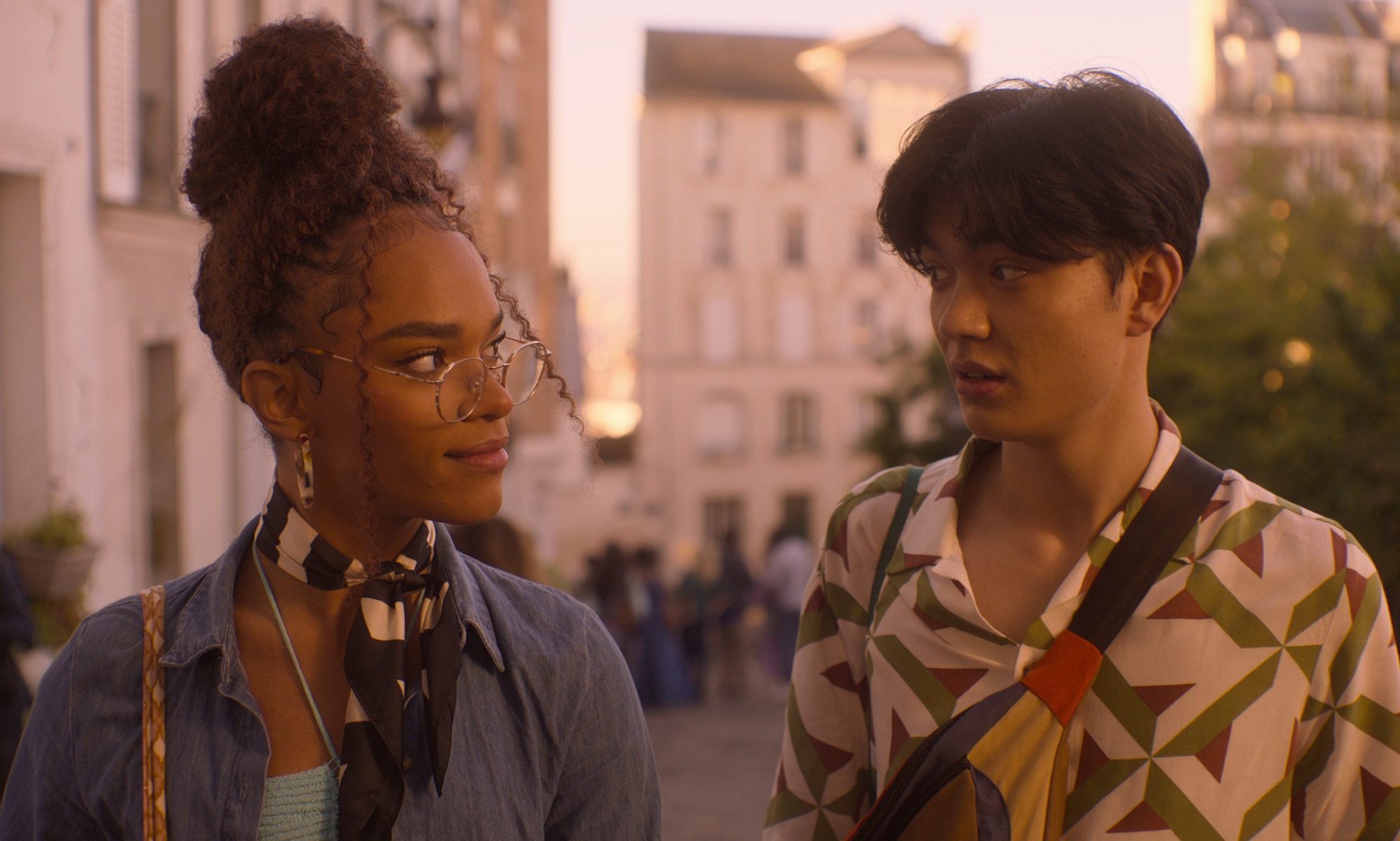 Yasmin Finney as Elle (L) and William Gal as Tao (R) in Heartstopper season two.