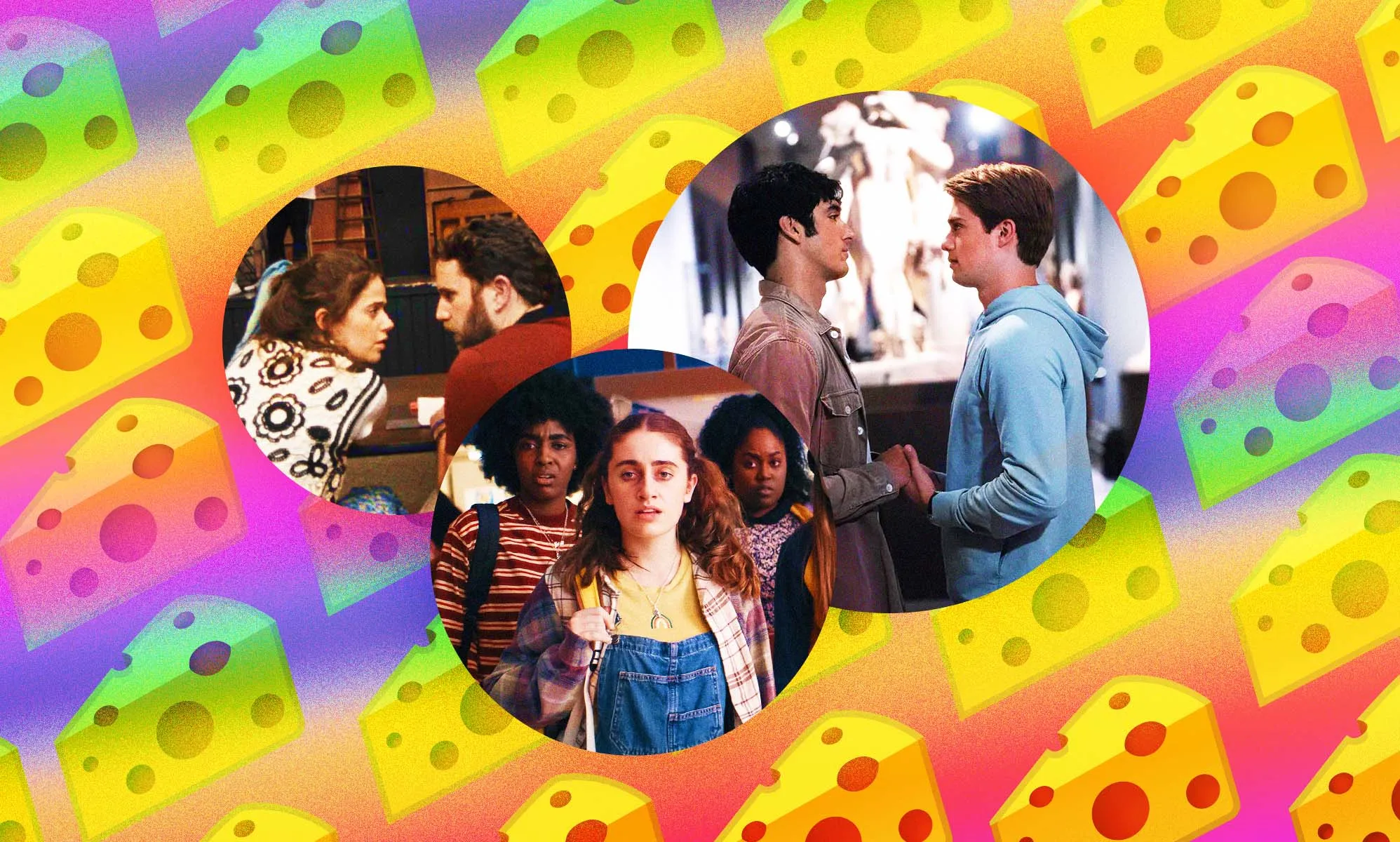 A composite image of gay films Red, White & Royal Blue, Bottoms and Theatre Camp