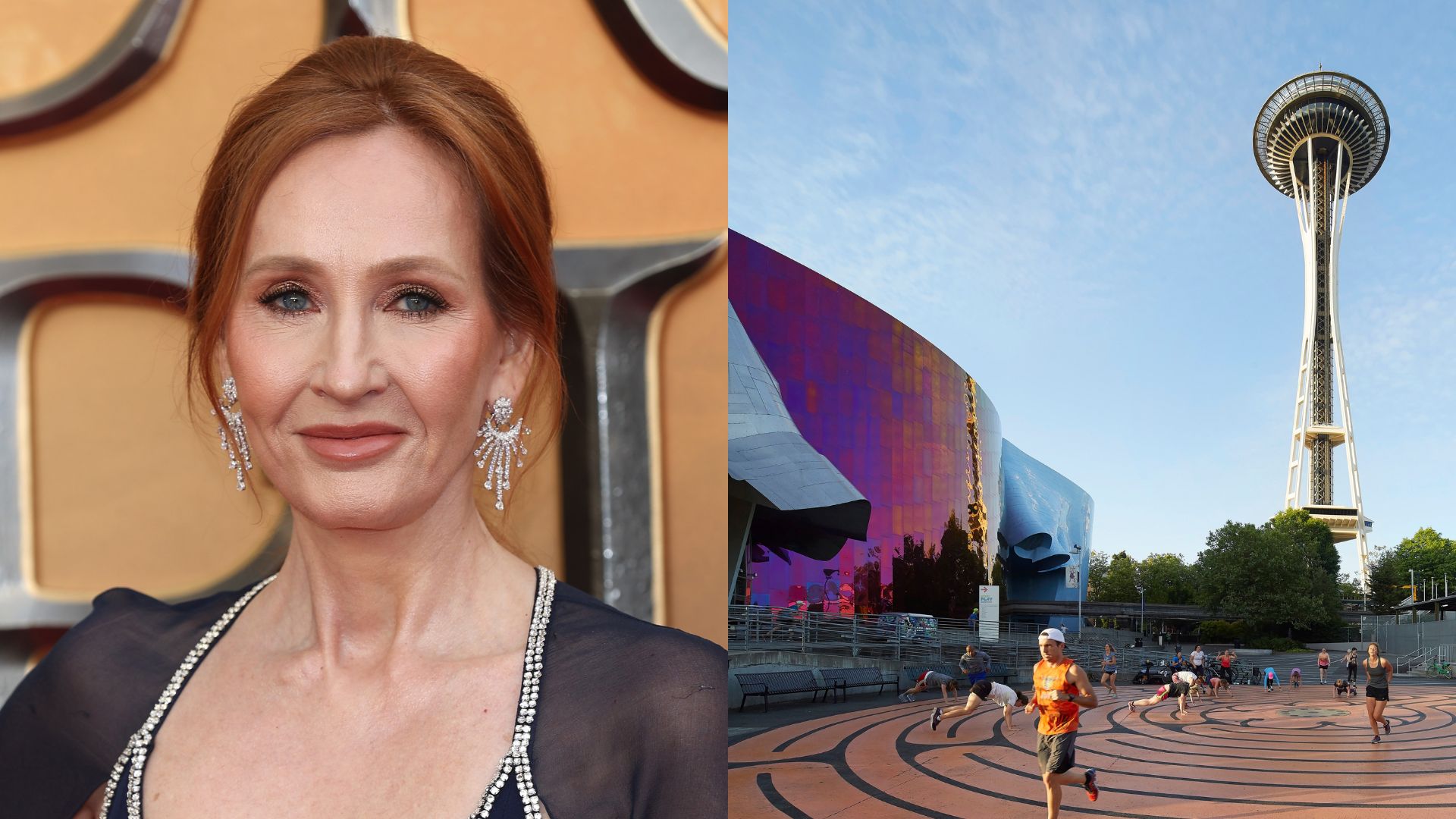 Composite image of JK Rowling at a red carpet event and the Museum of Pop Culture in Seattle, USA