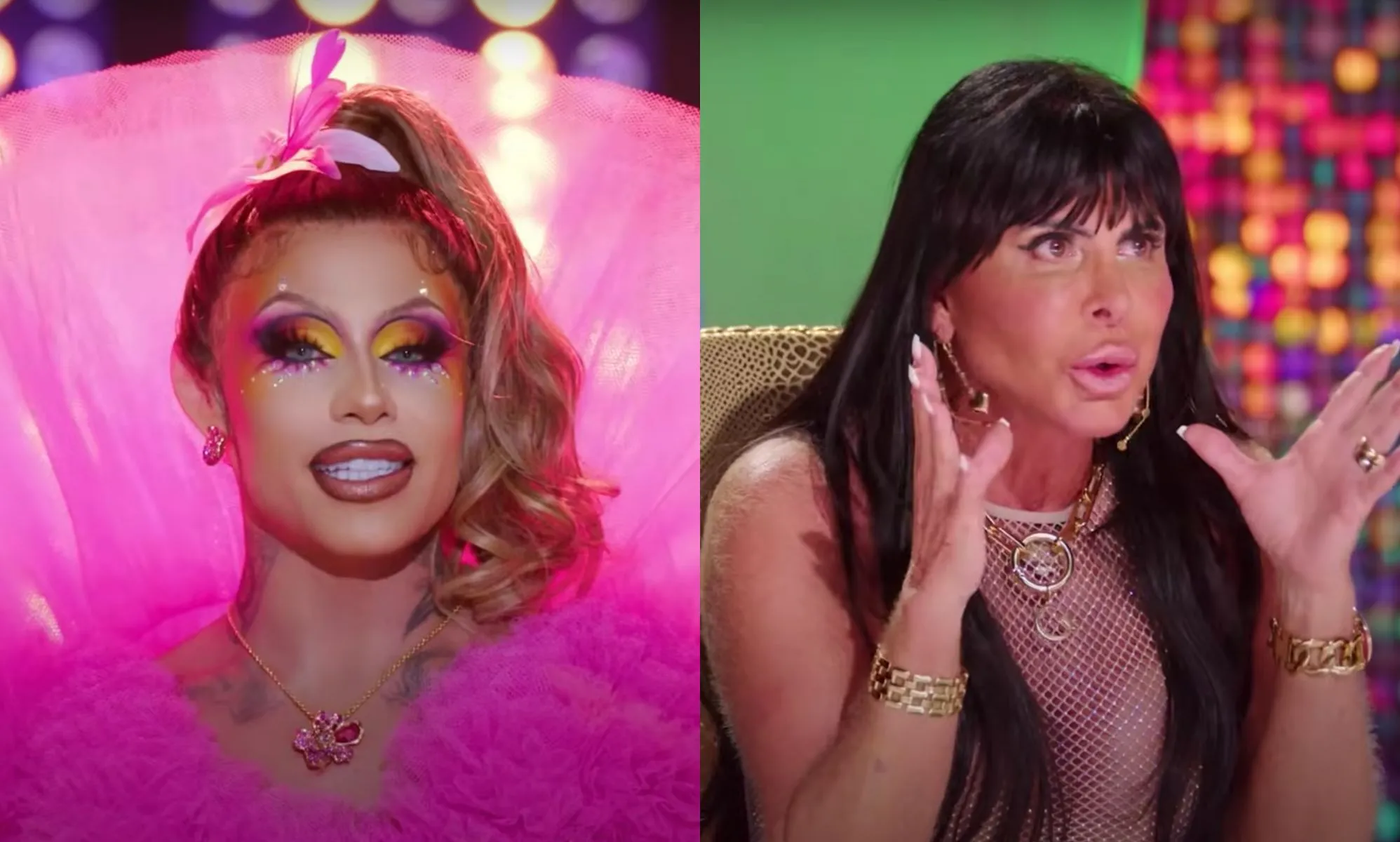 Stills from the new Drag Race Brazil trailer featuring Grag Queen as host and Gretchen as guest judge.