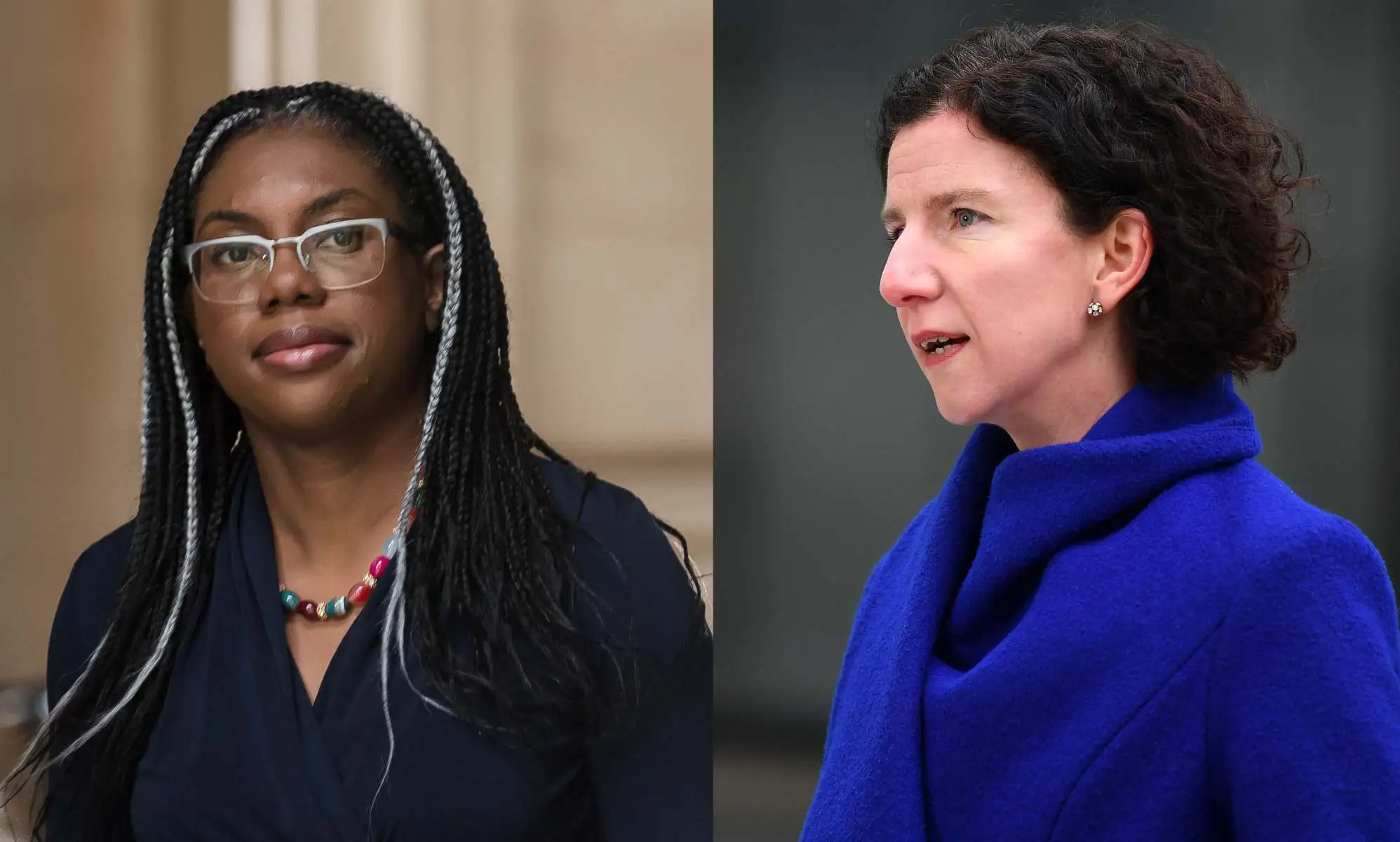 On the left Kemi Badenoch is pictured walking out of government buildings. On the right Anneliese Dodds is pictured speaking to the press.