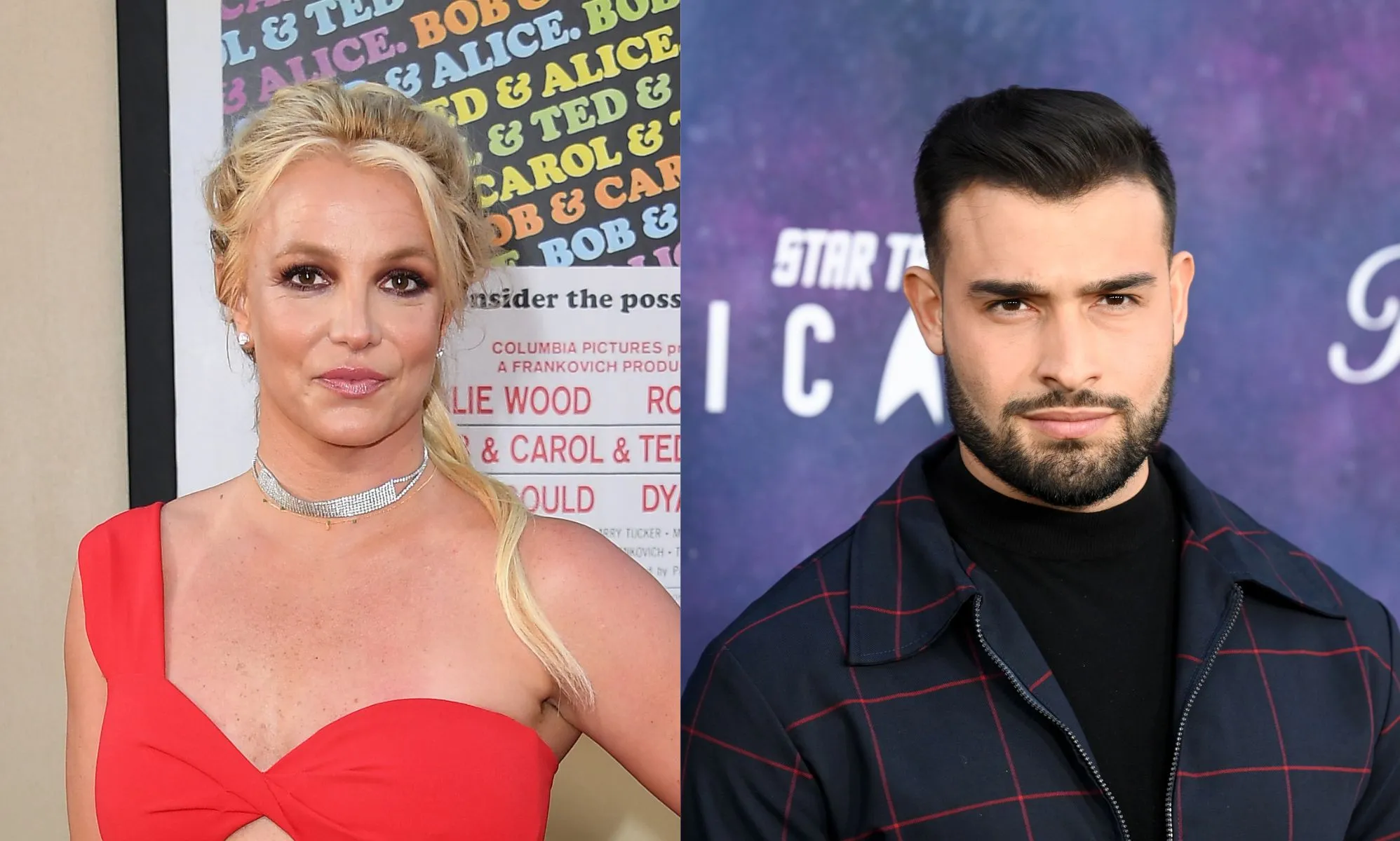 Side by side images of Britney Spears wearing a red outfit and Sam Asghari wearing a dark suit as the couple announce they are getting a divorce