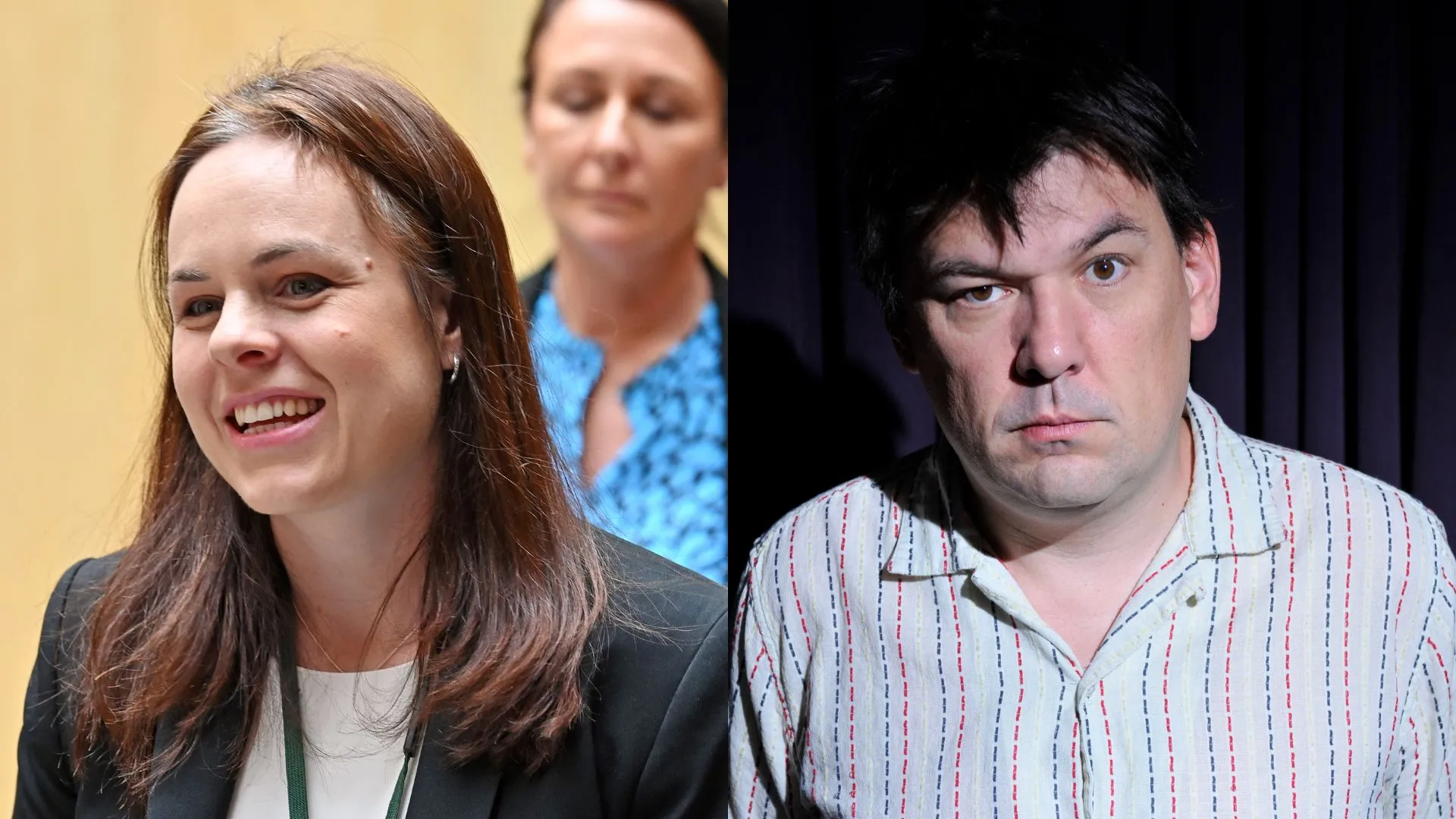 Composite image showing MSP Kate Forbes and comedy writer Graham Linehan