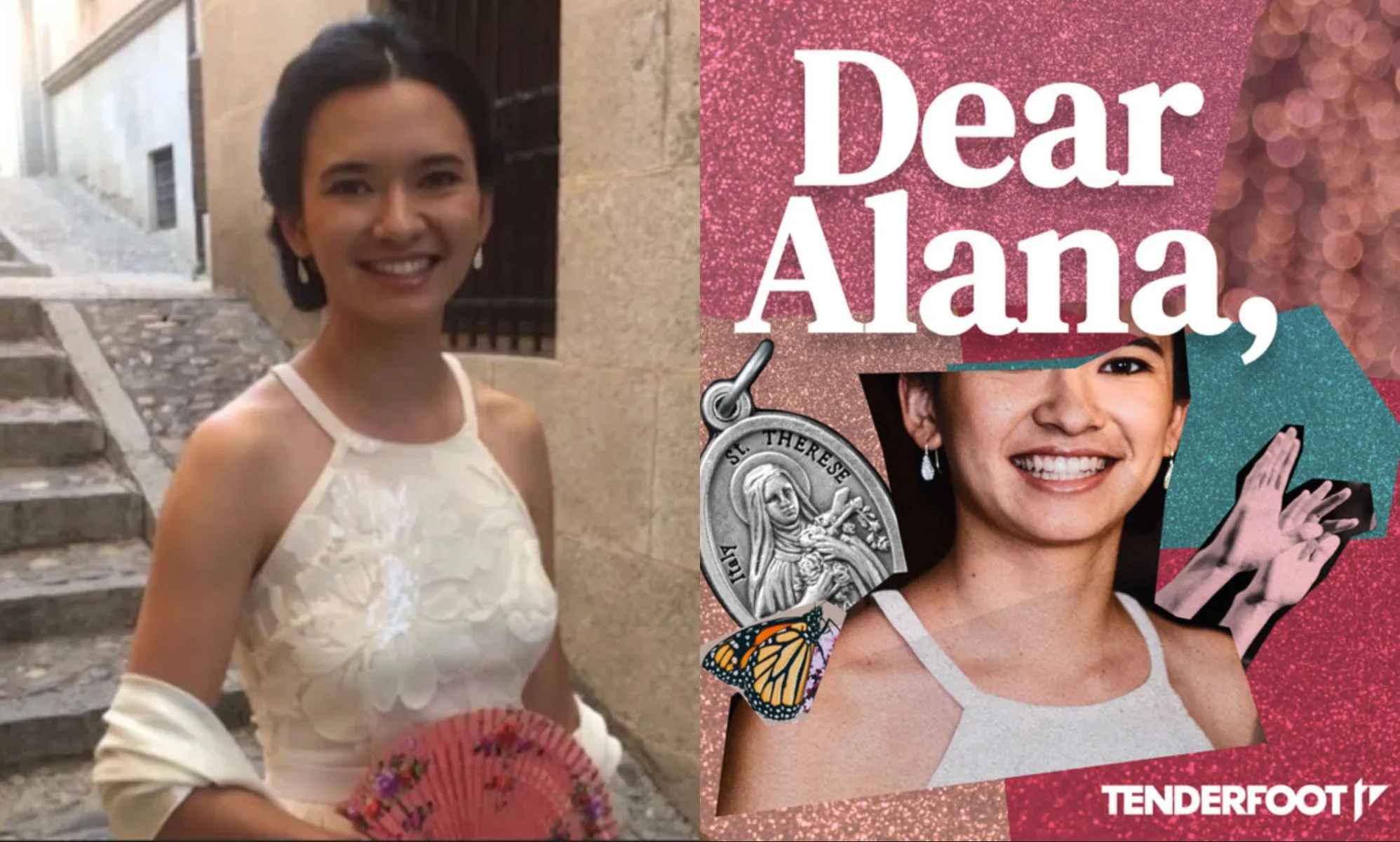 On the left, a photo of Alana Chen. On the right, the cover of new podcast Dear Alana.