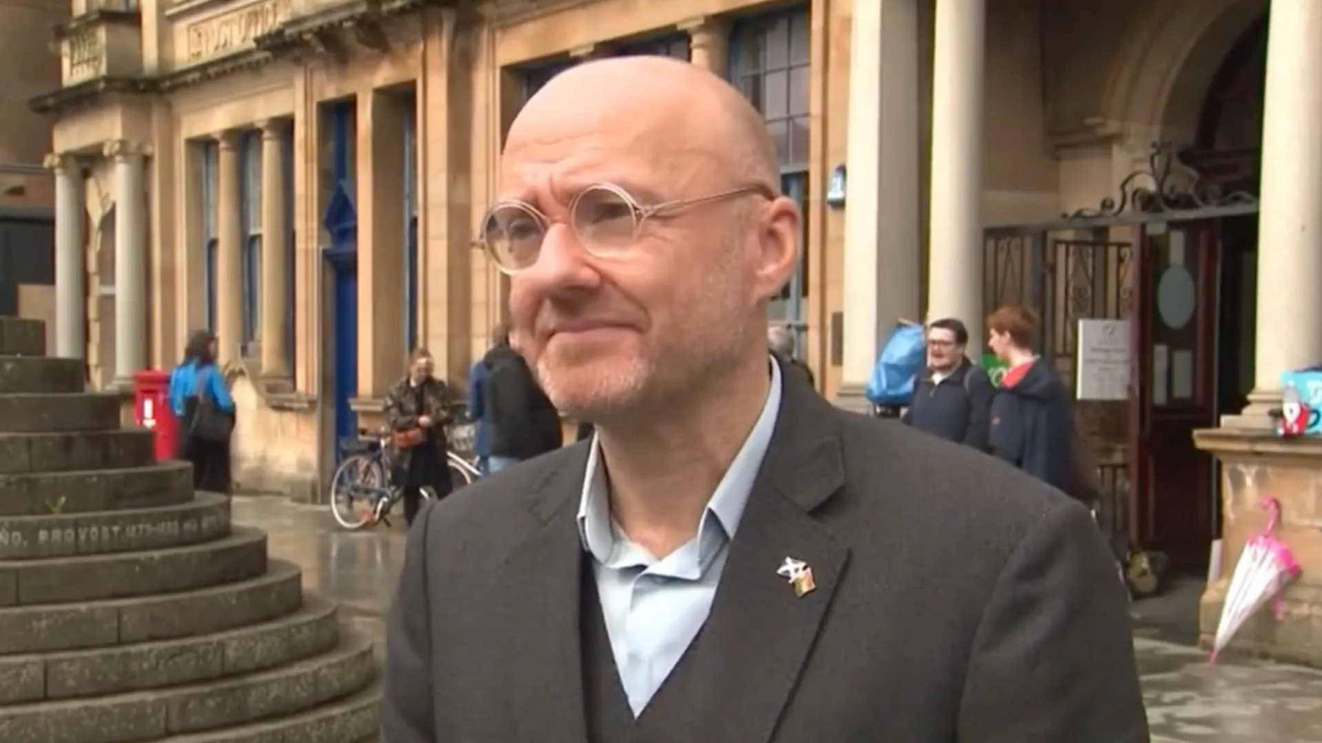 MSP Patrick Harvie looks at the camera during a live TV broadcast