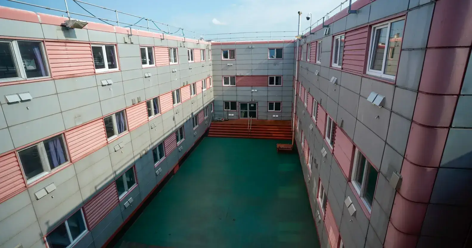 A view of the courtyard where fitness equipment will be installed onboard the Bibby Stockholm accommodation barge