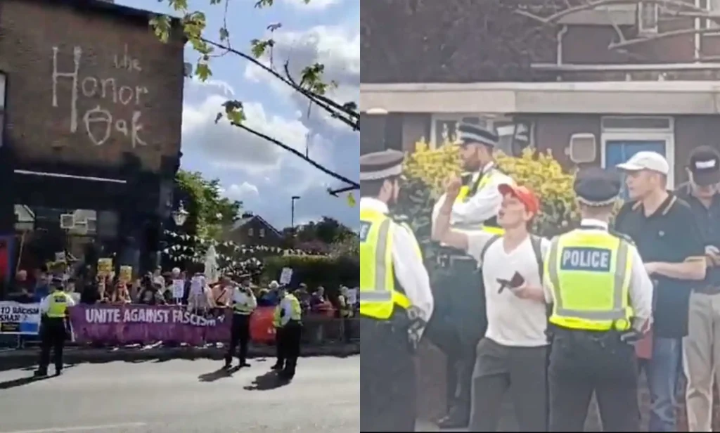 A handful of anti-drag protesters were outnumbered by LGBTQ+ and anti-fascist community counter-protesters at the Honor Oak pub.