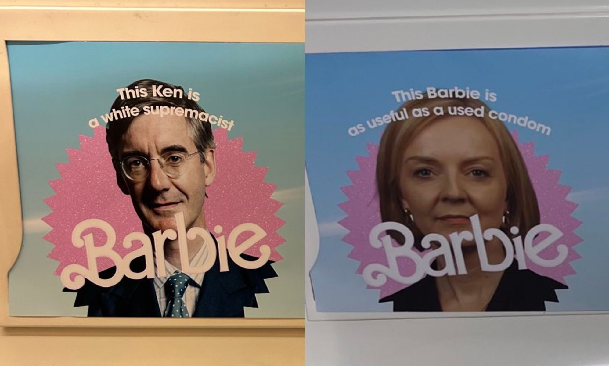 A split image of posters spotted on the London Underground with a picture of Jacob Rees-Mogg and a picture of Liz Truss, both reading
