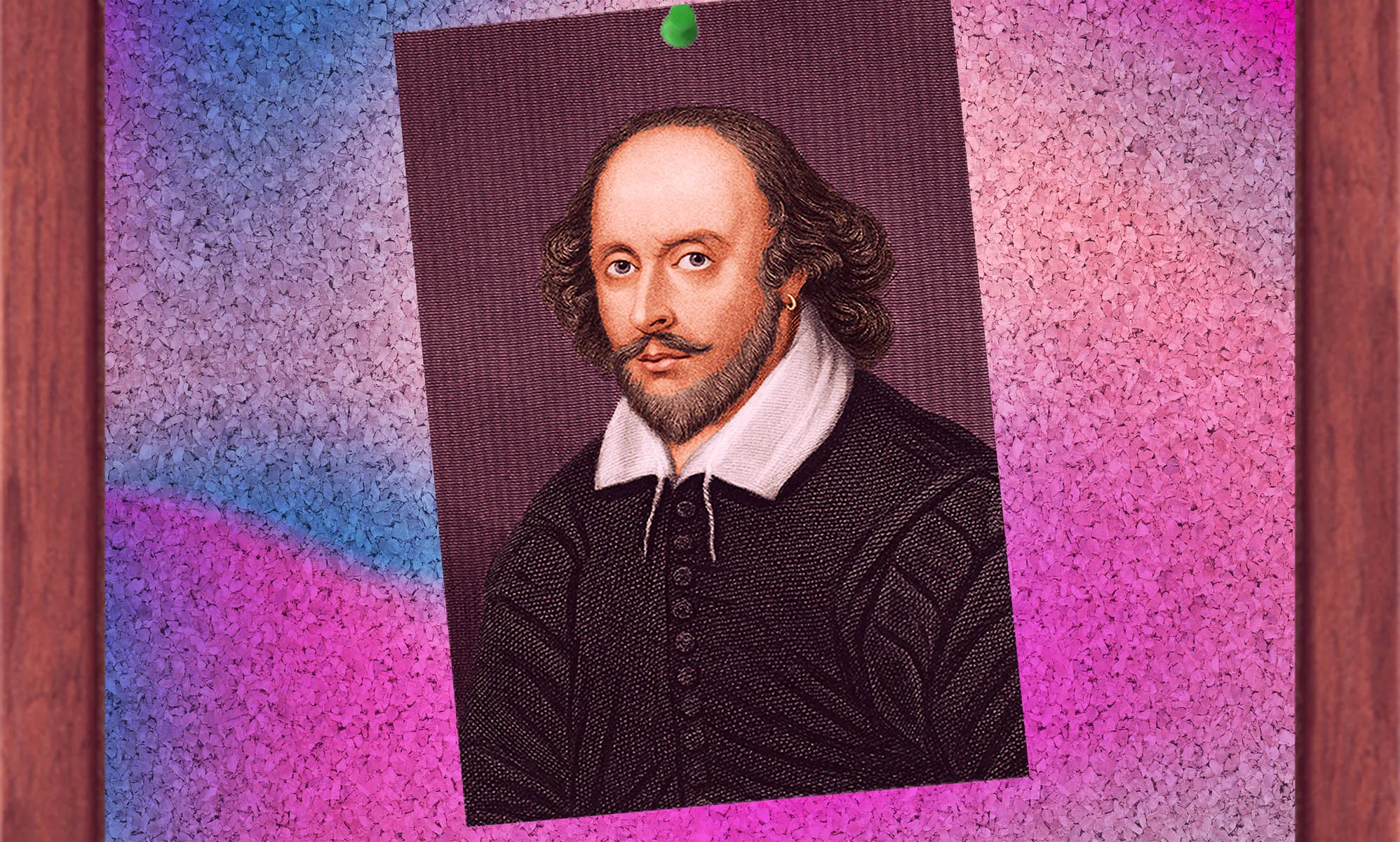 William Shakespeare set against a purple and pink background. The background is supposed to resemble a noticeboard and a green pin at the top suggests the picture is supposed to be stuck to the board.