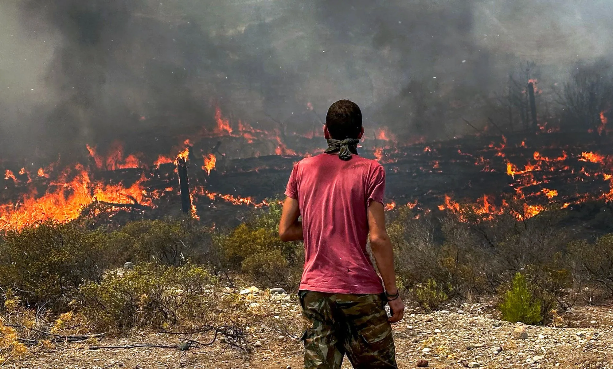 A person stares at the wildfires across Greece.