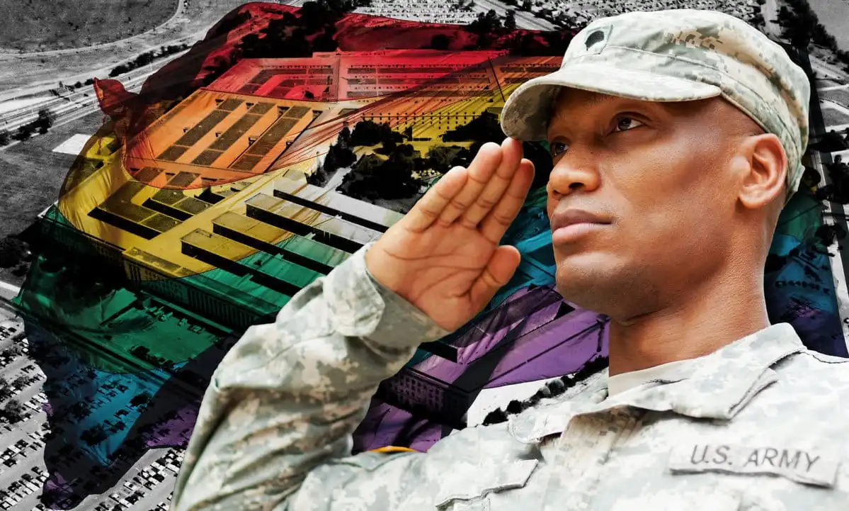 The Pentagon draped in rainbow colours as an army man salutes