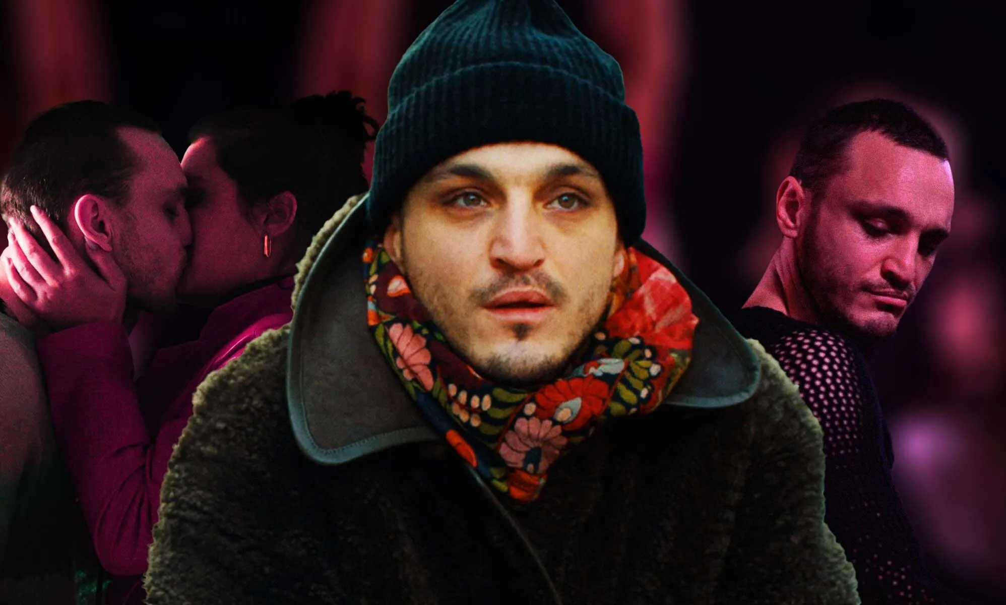 Franz Rogowski as Tomas in Passages. He is wearing a black jacket, black hat and red scarf as he cycles towards the camera.