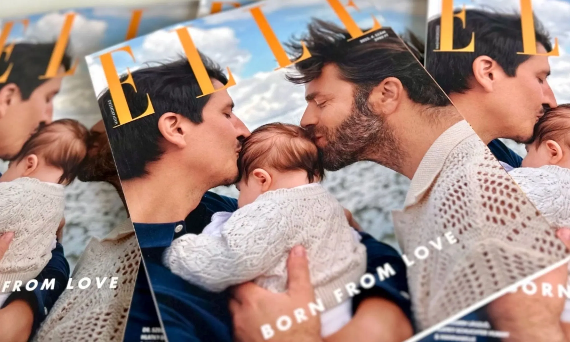 Two gay dads - Hungarian restaurateur Hubert Hlatky Schlichter and his neurosurgeon husband Laszlo Szegedi - kiss their baby daughter Hannabel on the head on the cover of Elle Hungary.