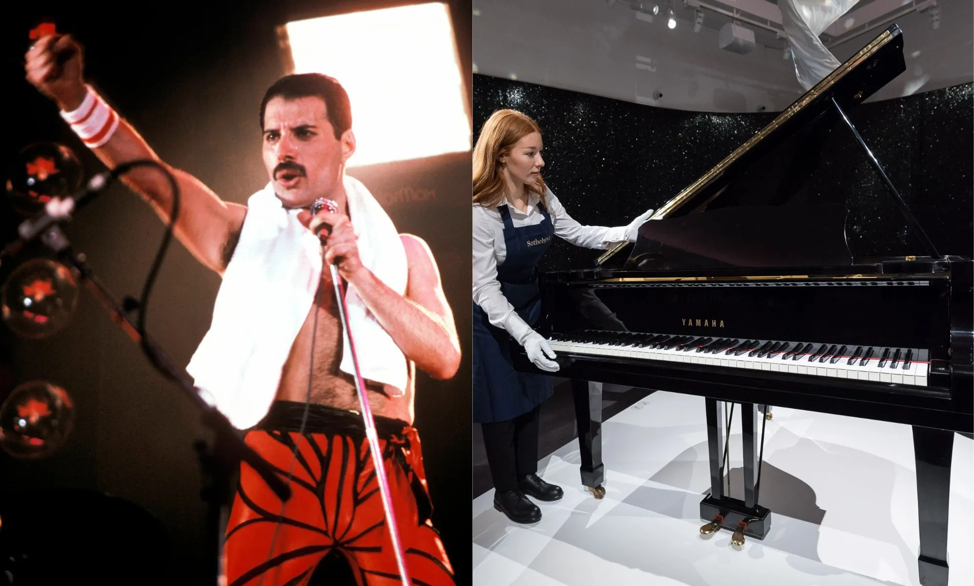 On the left, Freddie Mercury is topless and wearing red shorts, a towel round his neck, and signing into a microphone. On the right, an art dealer with Mercury