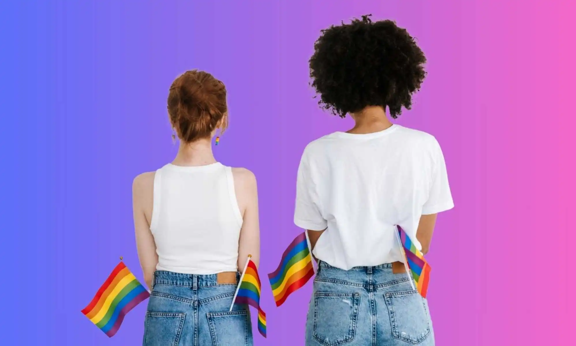 Women holding pride flags against bisexual pride flag colours.