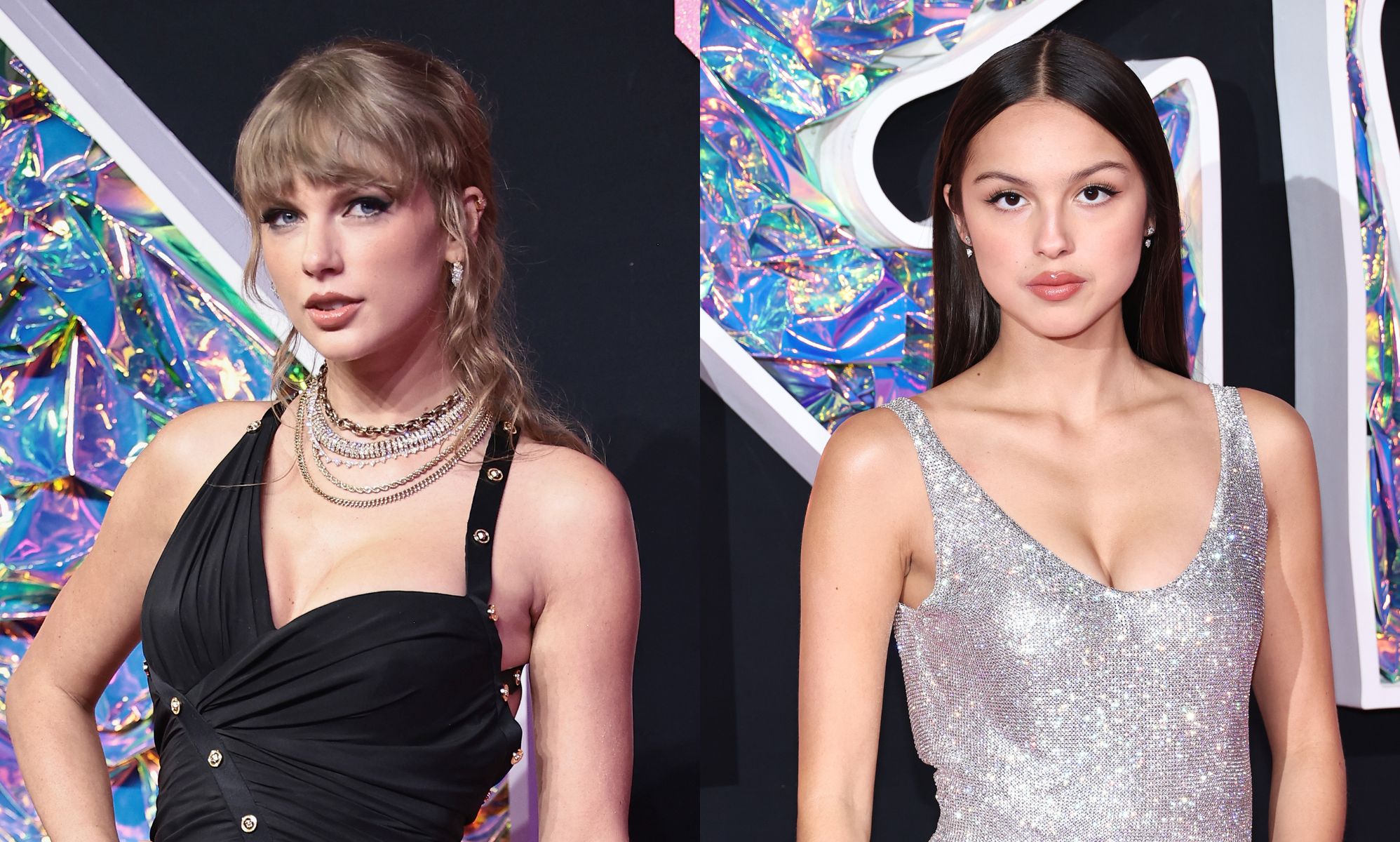 Taylor Swift and Olivia Rodrigo on the red carpet at the 2023 MTV Video Music Awards.