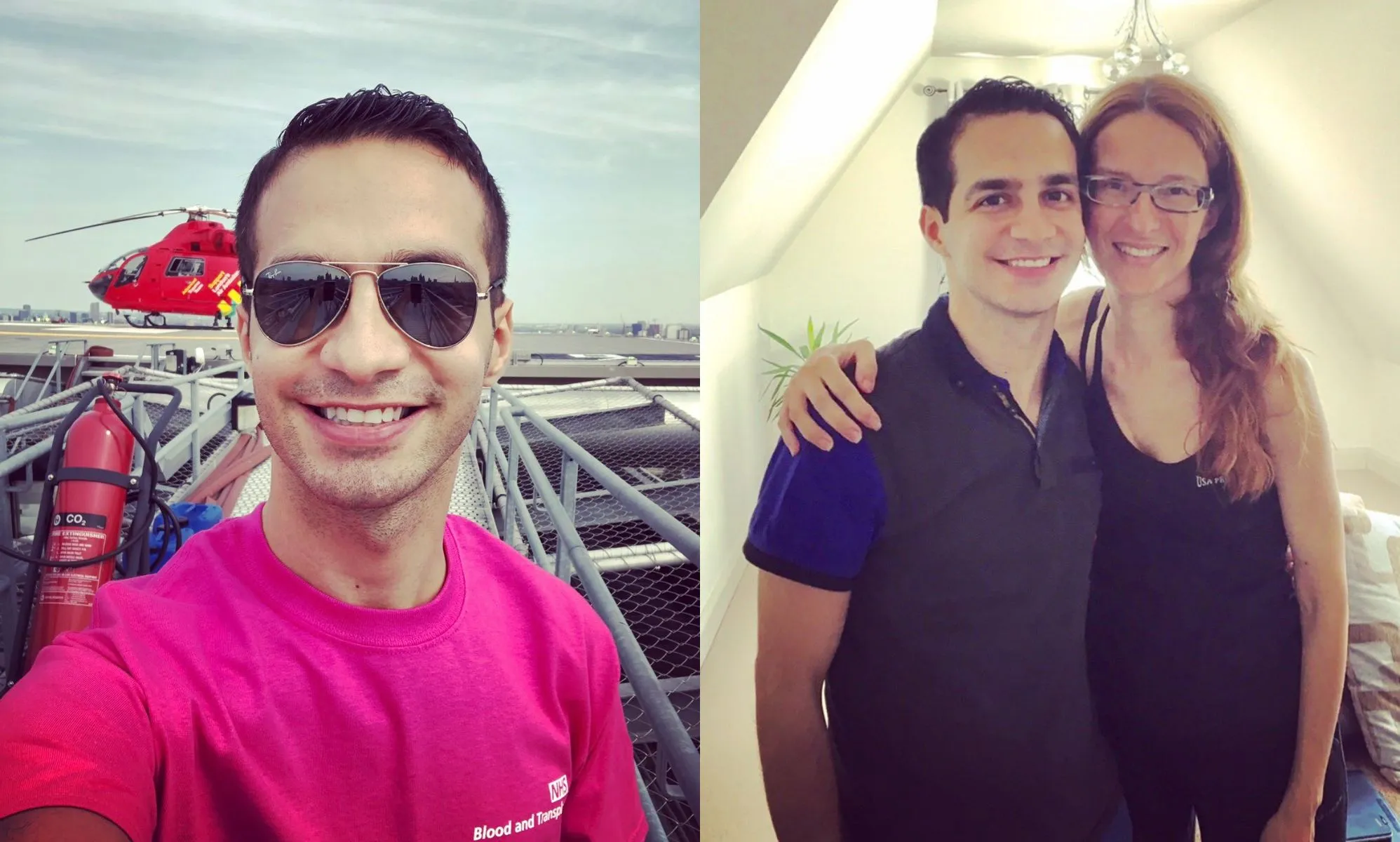 Ali Dawson, picture don the left in a pink t-shirt, outdoors. he is wearing sunglasses and has dark short hair. On the right is a picture of Ali Dawson with Sonia, a former colleague and mentor who he donated a kidney to.