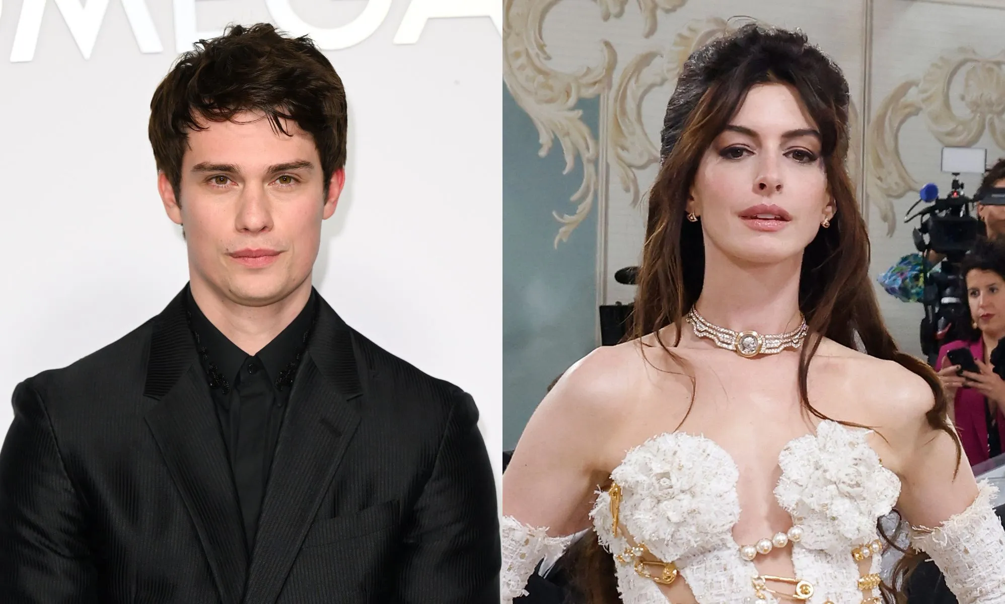 On the left, Nicholas Galitzine in a black suit. On the right, Anne Hathaway at the 2023 MET Gala.