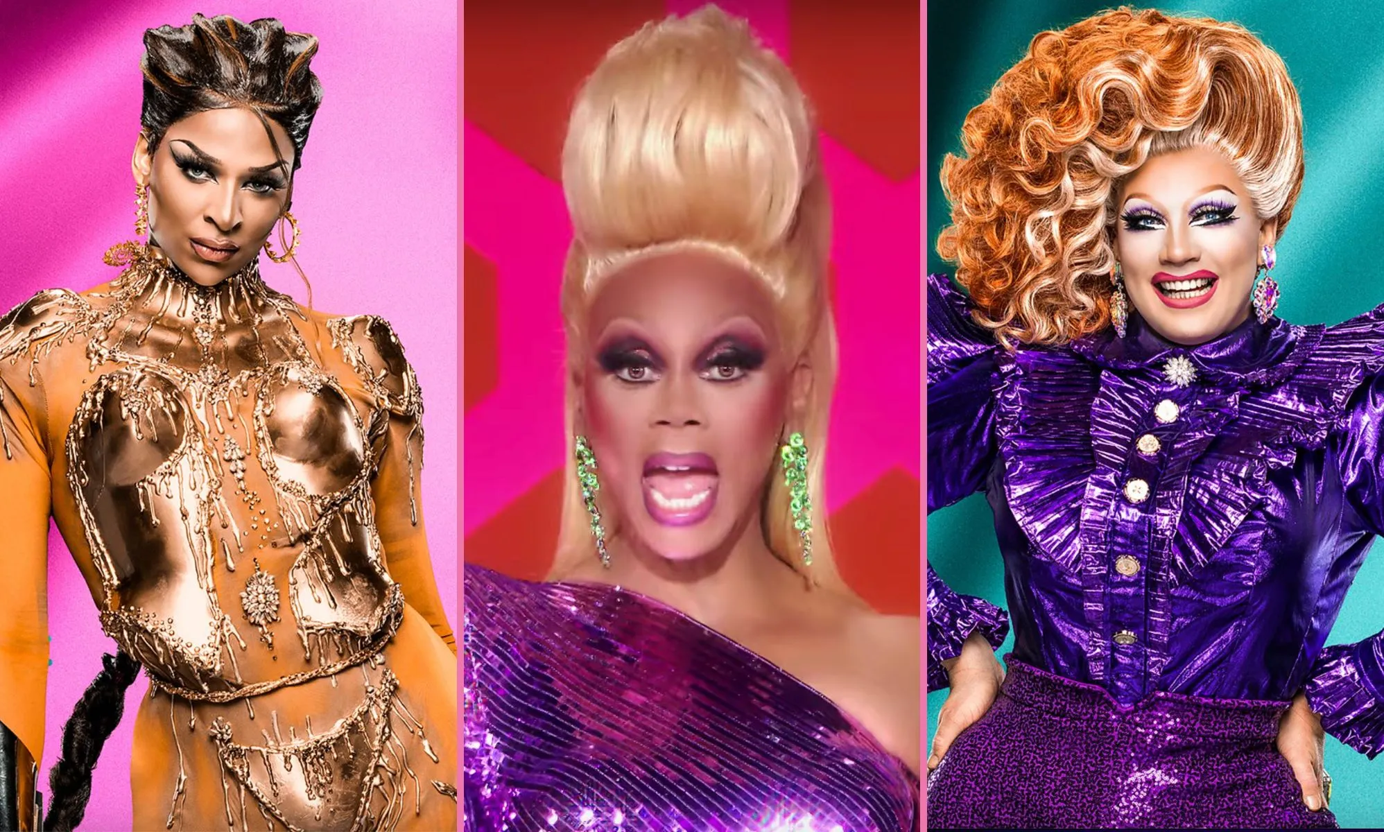 An image composite featuring RuPaul on Drag Race and Drag Race UK queens Cara Melle and Ginger Johnson.