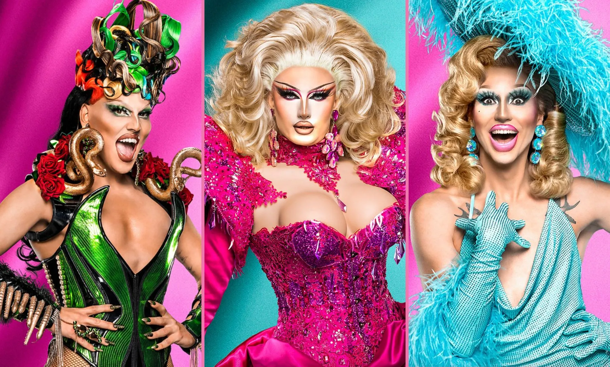 The Drag Race UK season five promotional photos of Michael Marouli, DeDeLicious and Vicki Vivacious