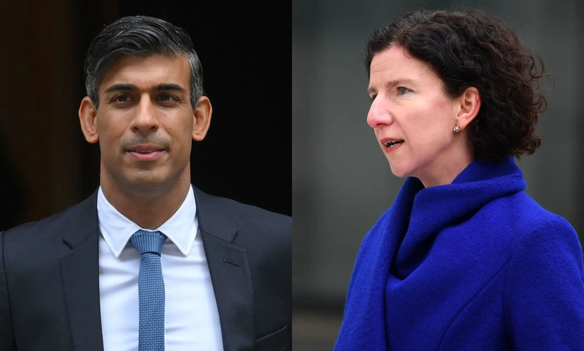 Rishi Sunak pictured leaving No 10 Downing Street on the left wearing a white shirt, a blue tie and a navy suit. On the right Labour