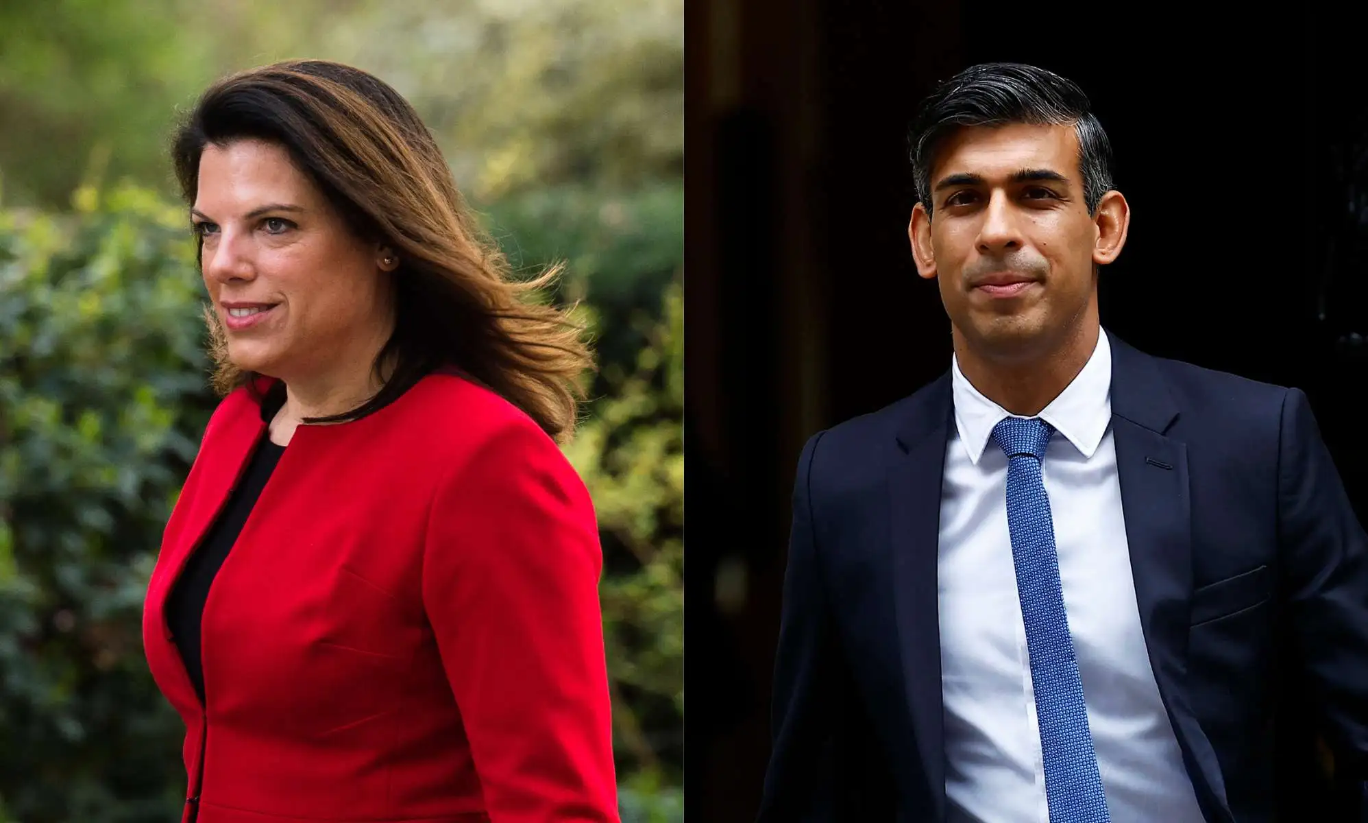 On the left, Caroline Nokes can be seen walking outdoors smiling while wearing a red blazer. On the right Rishi Sunak is walking out of Downing Street wearing a dark suit, a white shirt and a blue tie.